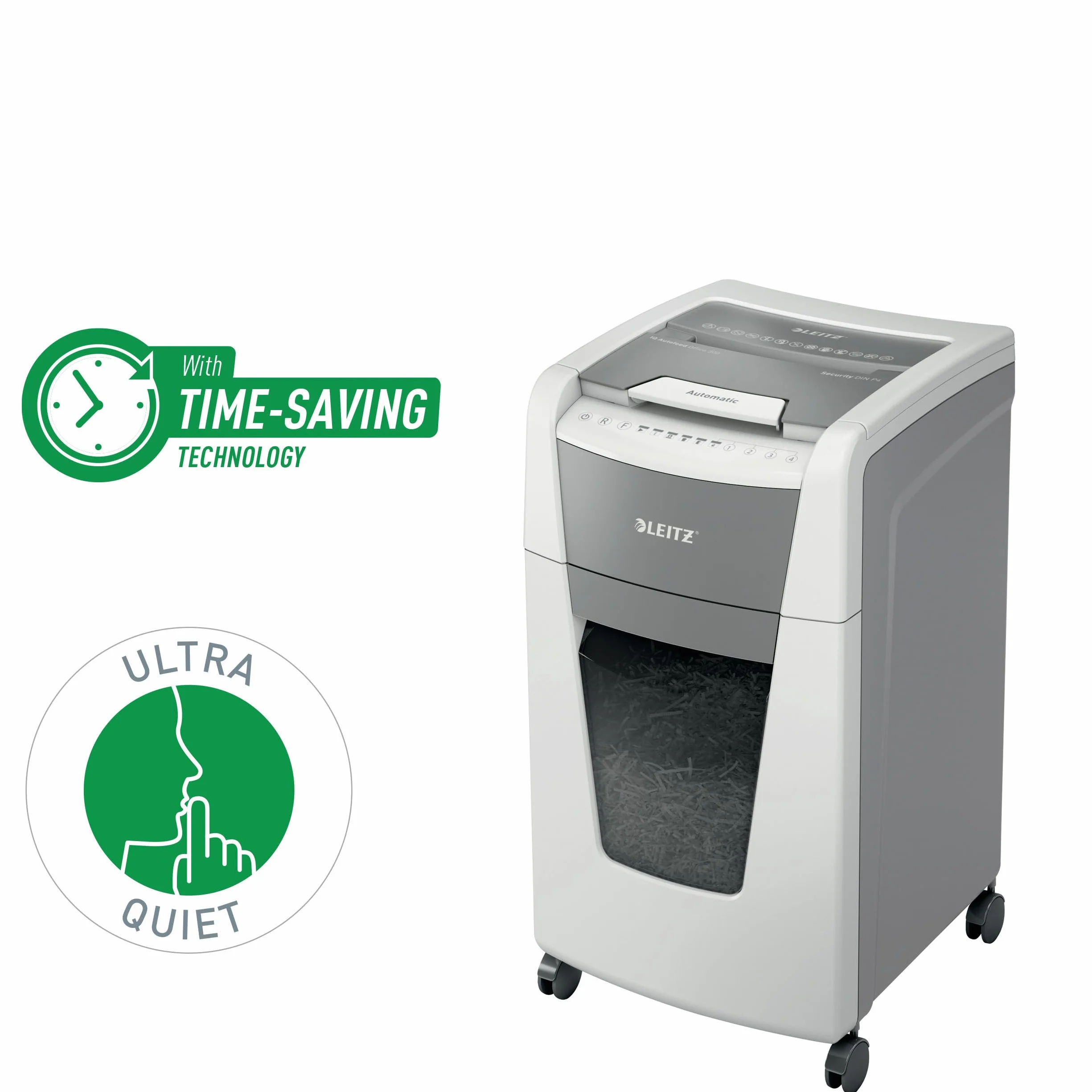 LEITZ IQ Autofeed 300 P-4 Office, Distruggidocumenti Automatico, 300 Fogli, Taglio a Frammenti, Sicurezza P-4, Capacità 60 litri, 80150000