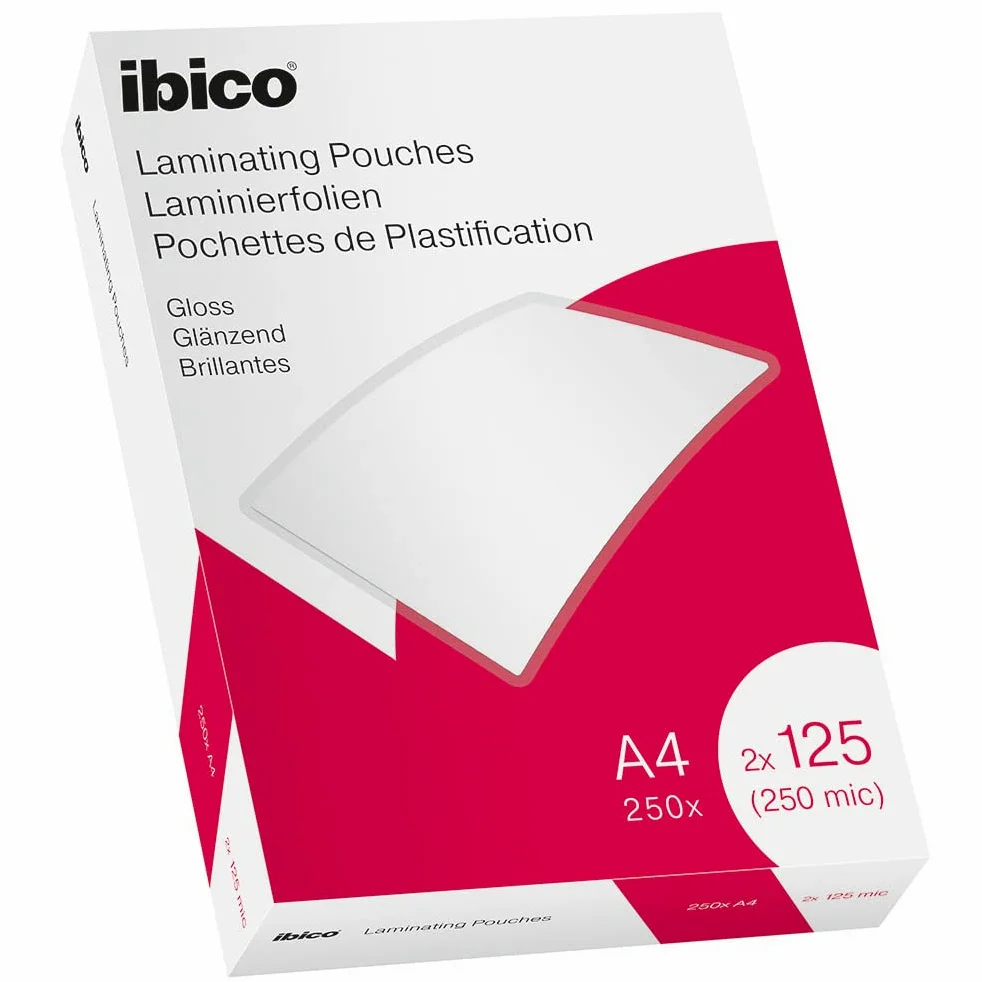 Ibico Pouch per la Plastificazione a caldo, Formato A4, 250 Micron (2x125), Elevata protezione dei documenti e Durabilità, Confezione da 250, Finitura Lucida, Trasparente, 628605