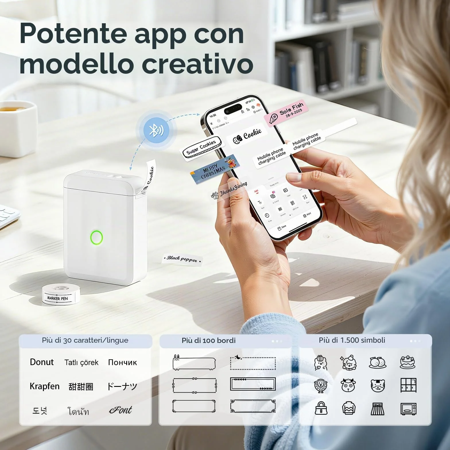 NIIMBOT D110 Mini Stampante Etichette Bluetooth, 60+ Caratteri, 1000+ Icone, Bianco