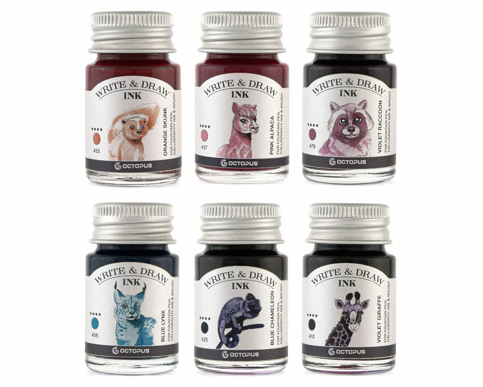 Octopus Write and Draw Ink Set HORIZON, inchiostro impermeabile per scrittura e disegno, inchiostro per calligrafia, inchiostro da illustrazione per penna stilografica, 6x10 ml