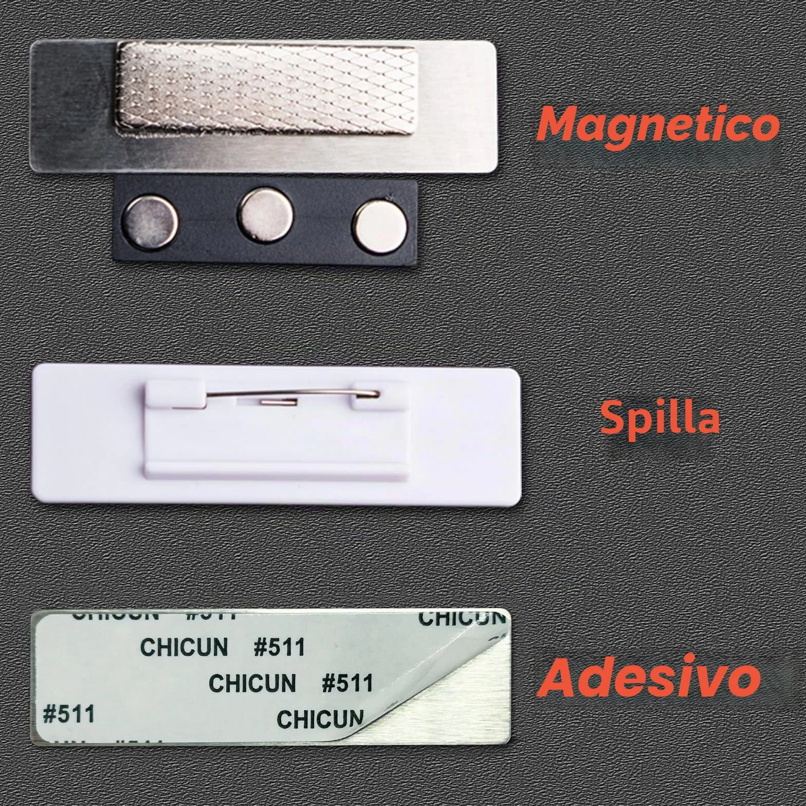 Targhetta identificativa personalizzabile in metallo con incisione laser, magnetica, adesivo, spilla