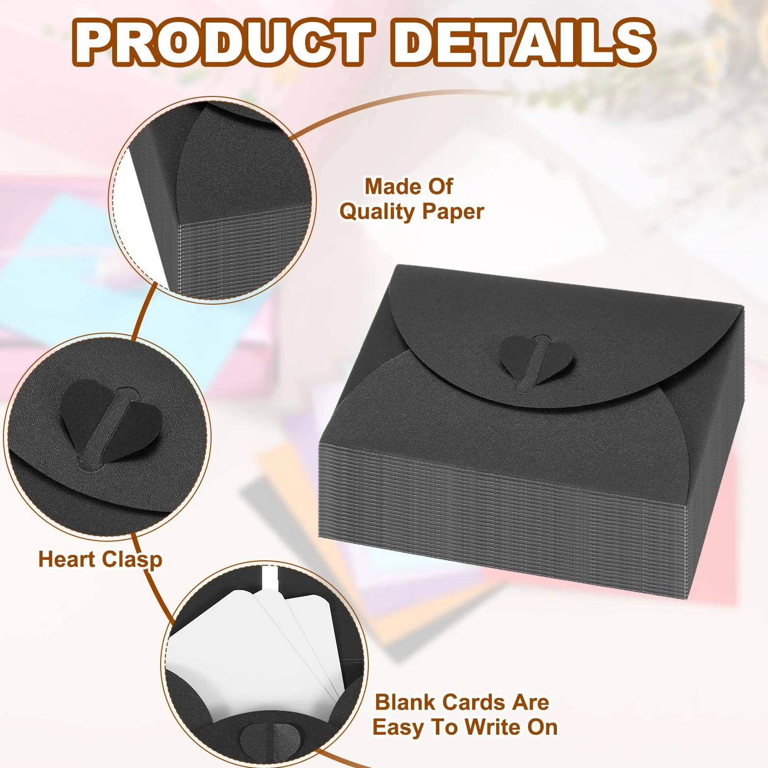 PATIKIL 50 Set Mini Buste Con Chiusura A Cuore 4.1x3" Biglietti Bianchi Con Buste Per Regali Inviti Matrimonio Laurea Vacanze Ringraziamento Natale Nero