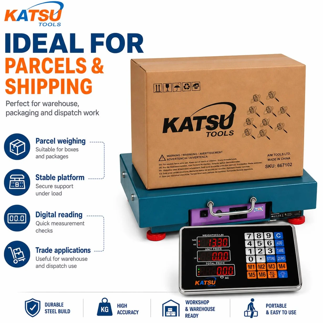 KATSU Bilancia a Piattaforma Industriale 100kg /10g Elettronica Ricaricabile Display LED 32x42cm Acciaio Antiruggine