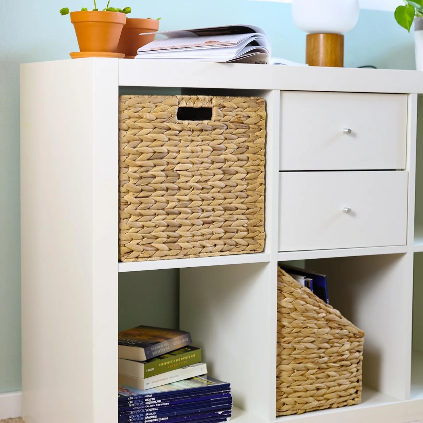 HMF Cesto portaoggetti per cartelle sospese DIN A4 compatibile con scaffale KALLAX, cesto intrecciato in giacinto d’acqua con maniglie | 33 x 38 x 32 cm | naturale