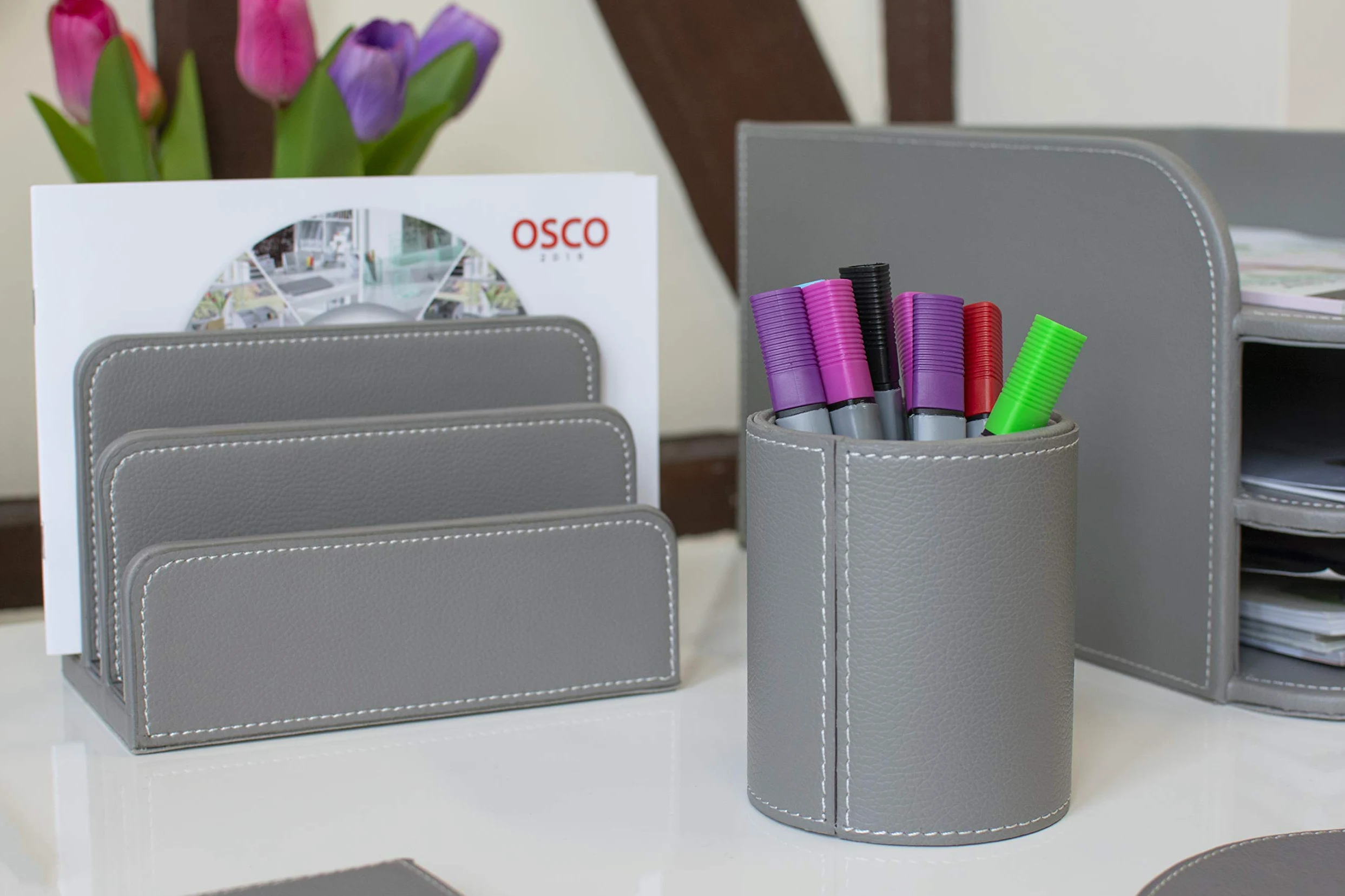 OSCO GRYPULH1 Faux Leather Letter Holder - Grey