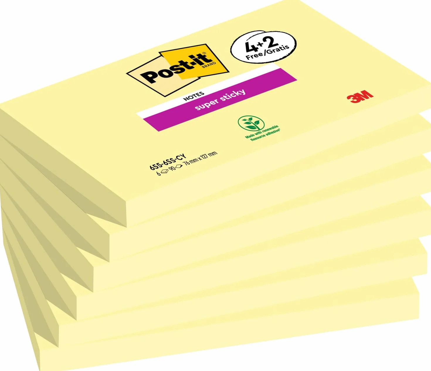 Post-It Foglietti Super Sticky Giallo 76x127mm 90 Fogli 4+2 Blocchetti