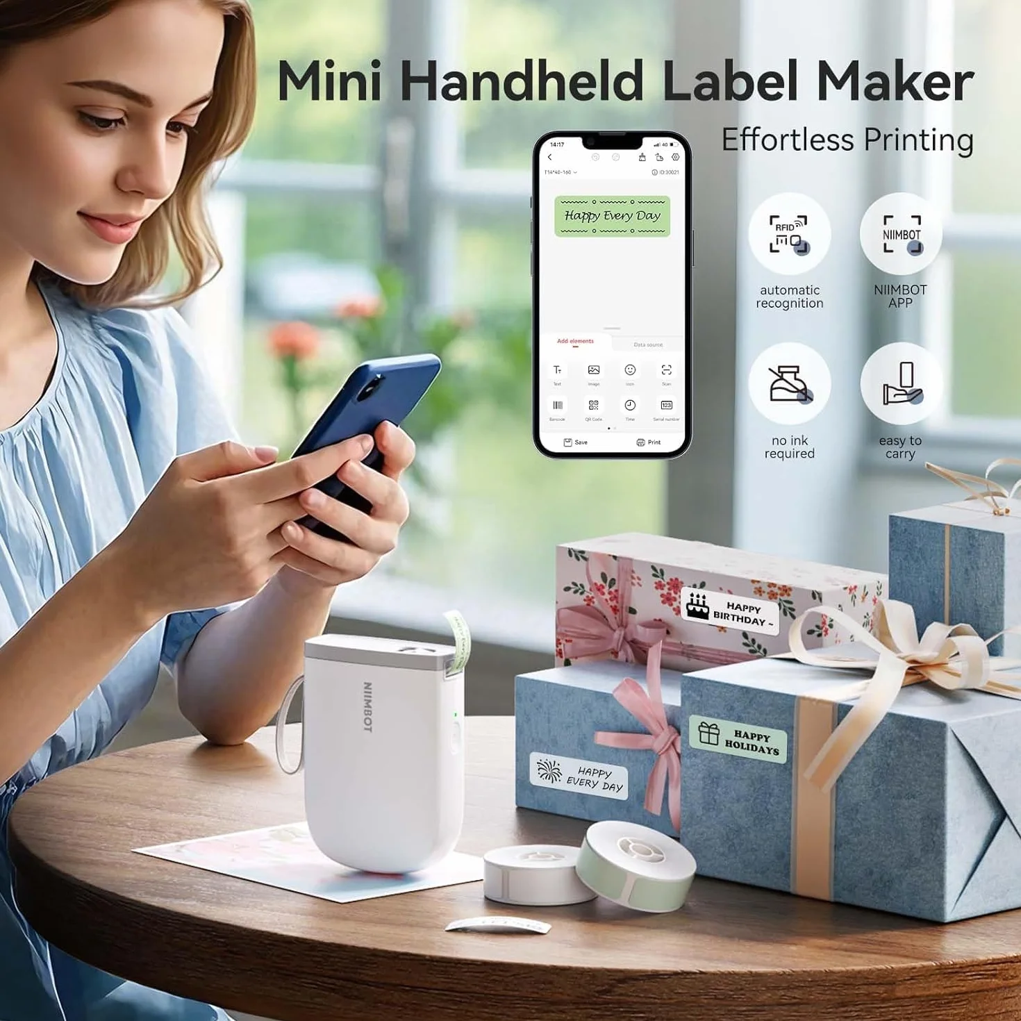 NIIMBOT D11 Etichettatrice con 3 rotolo Etichette, Stampante per etichette Bluetooth 300 DPI, Stampante termica portatile, macchina per adesivi per organizzare casa ufficio scuola, Bianca