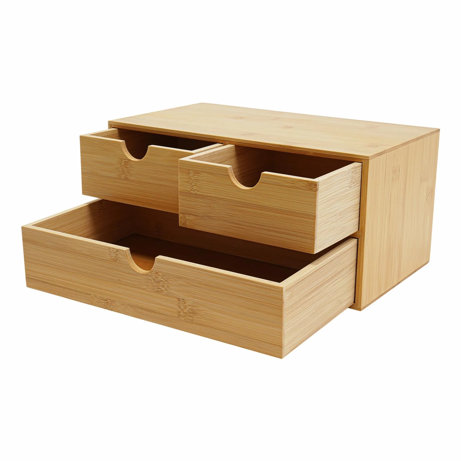 Organizer da scrivania in bambù con cassetti, mini cassettiera in bambù, design monoblocco, scatola per trucco con 3 cassetti, per ufficio, soggiorno e camera da letto