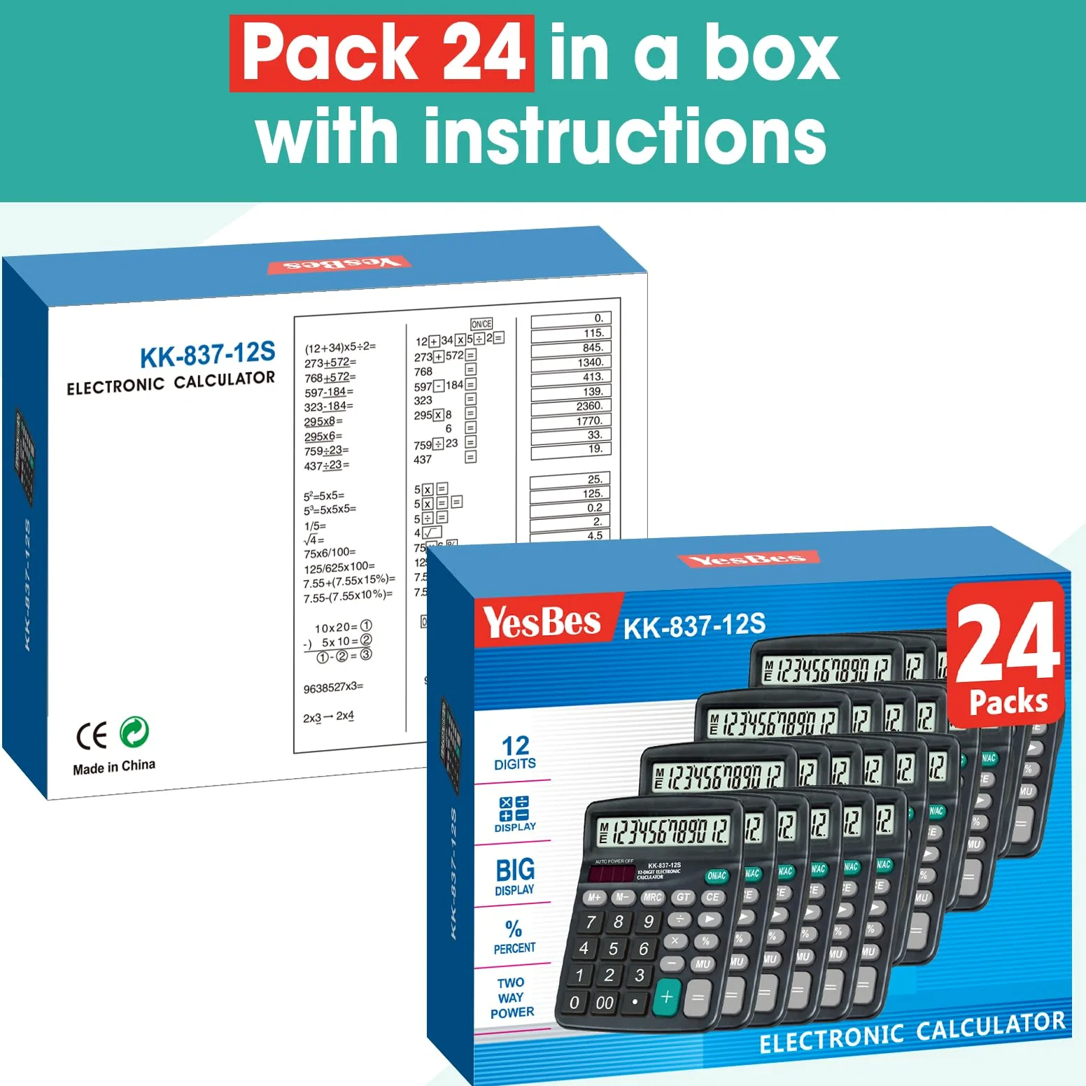 Confezione da 24 calcolatrici a 12 cifre, con ampio display LCD e pulsante sensibile, doppia alimentazione solare e a batteria, calcolatrice da scrivania per scuola, ufficio, casa