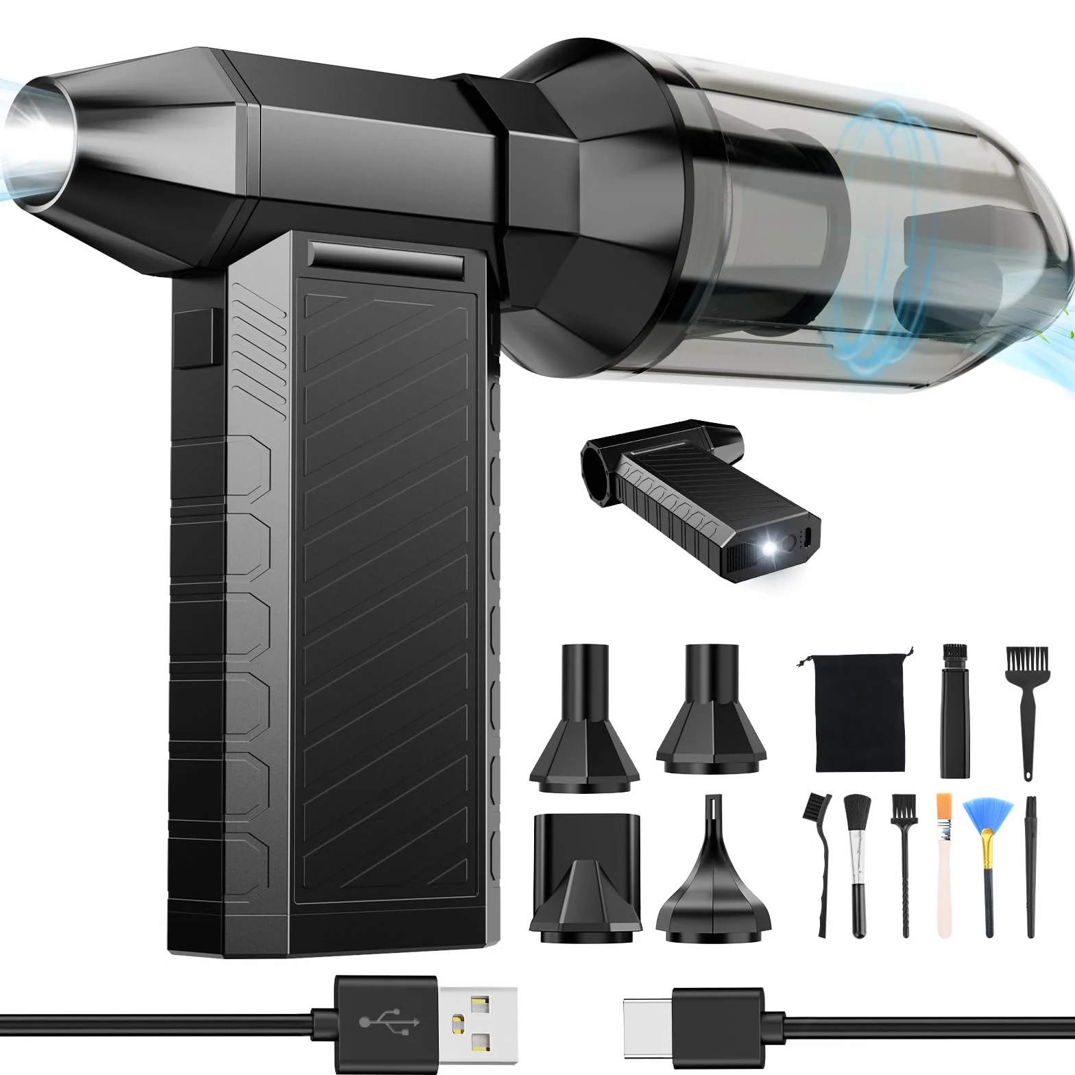 Preciva Soffiatore ad Aria Elettrico 180000 RPM Regolabile | Soffiatore a Batteria 8000mAh, Aspiratore/Soffiatore 2 in 1, Air Duster 3 Velocità con LED per Tastiera PC Auto Casa Ufficio