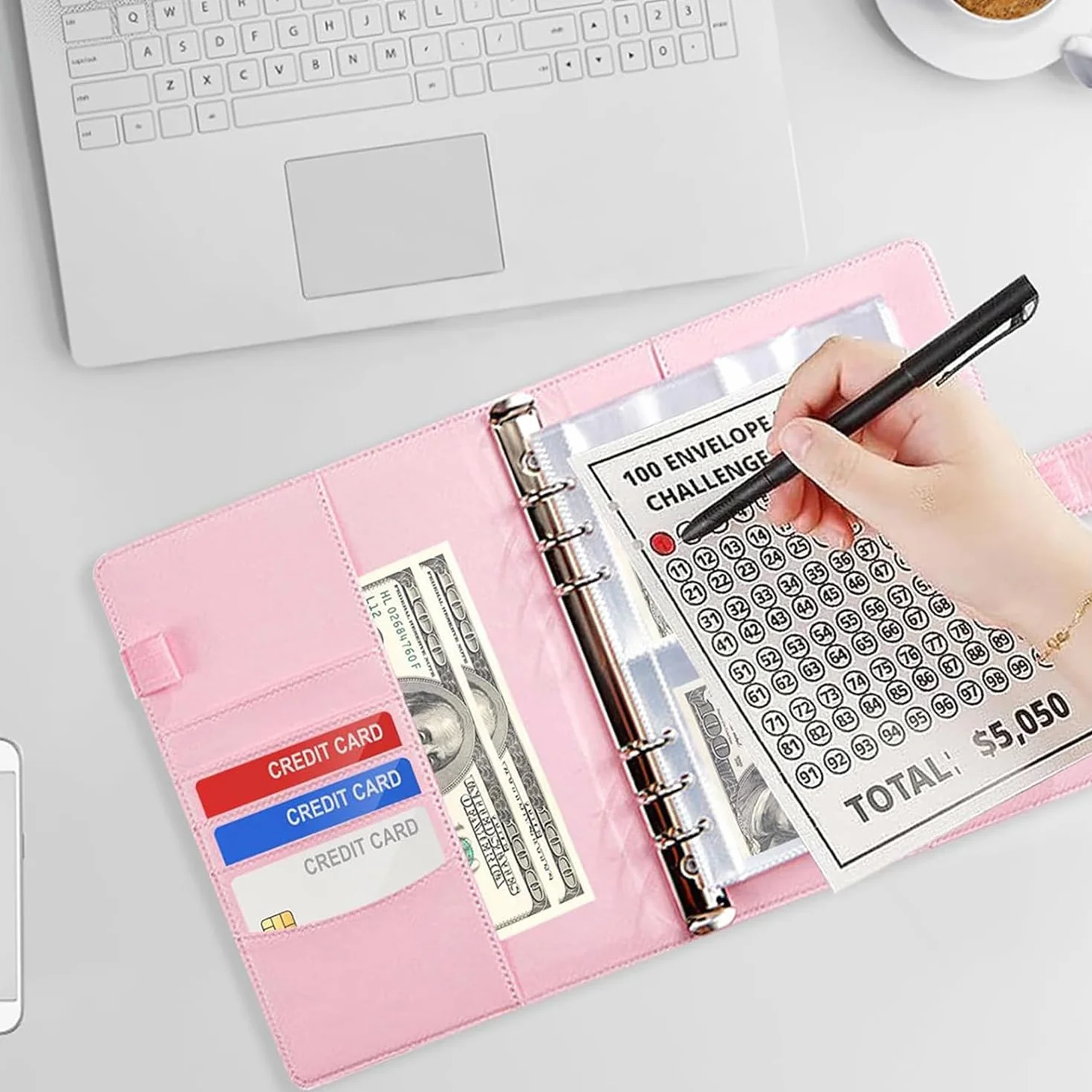 Bilancio Planner Libro del Risparmio Sfida 5050 € Rilegatura a Budget Rosa