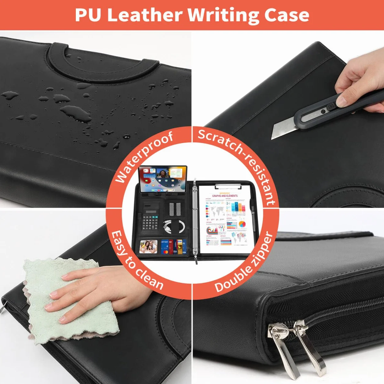 Cartella Portadocumenti A4 Zipper in Pelle con Manici Magnetici Pieghevoli, 2 Scomparti, Supporto Tablet, Nero