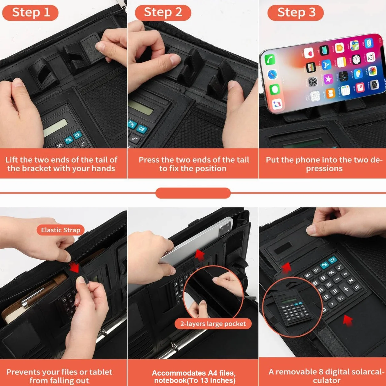 Cartella Portadocumenti A4 Zipper in Pelle con Manici Magnetici Pieghevoli, 2 Scomparti, Supporto Tablet, Nero