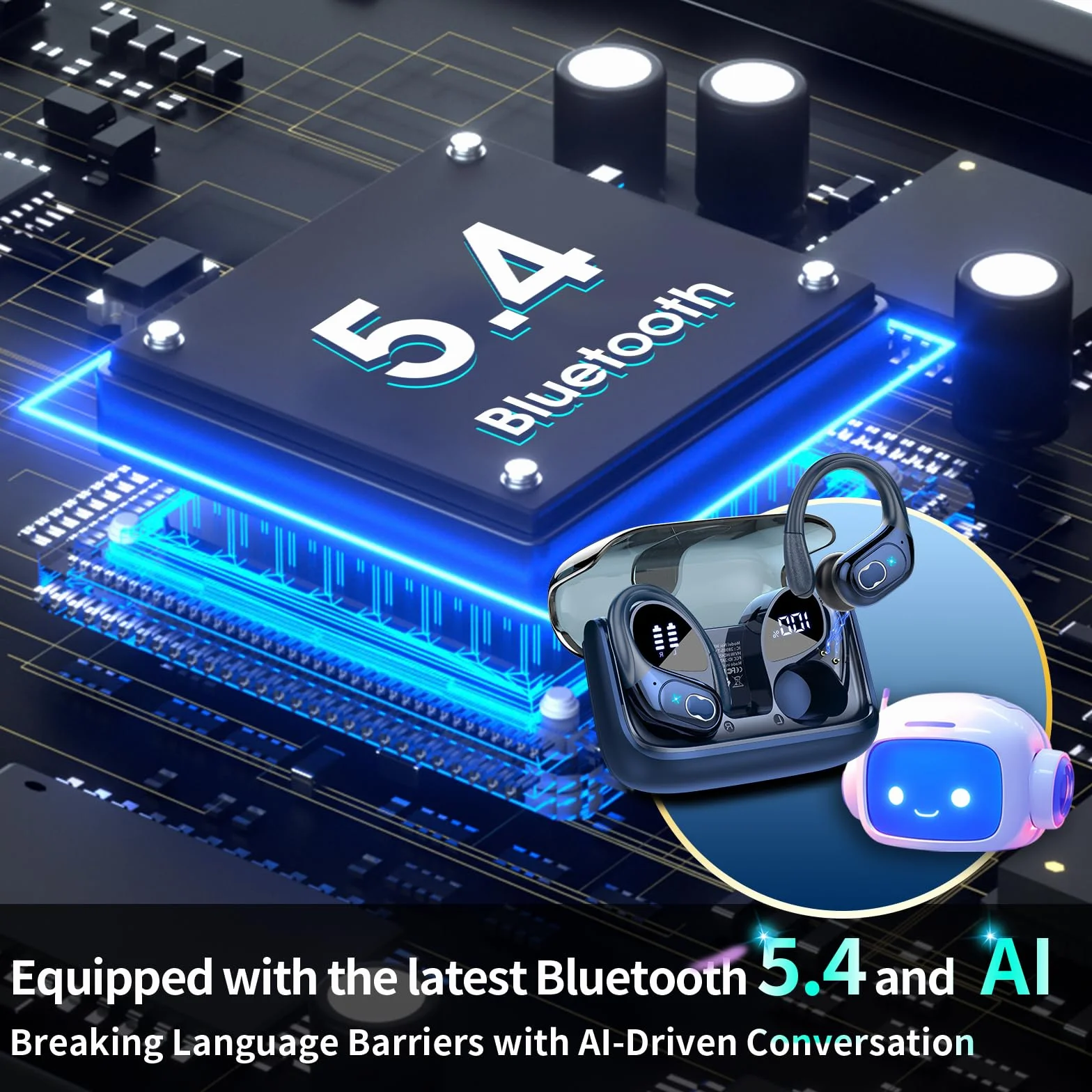 AI Cuffie Traduzione, 3 in 1 Bluetooth 5.4 Auricolari Traduzione con 164 Lingue/6 Modalità di Traduzion, 75 Ore Cuffie Traduttori Istantanei con APP, Auricolare bluetooth per Viaggi/Affari, Blu