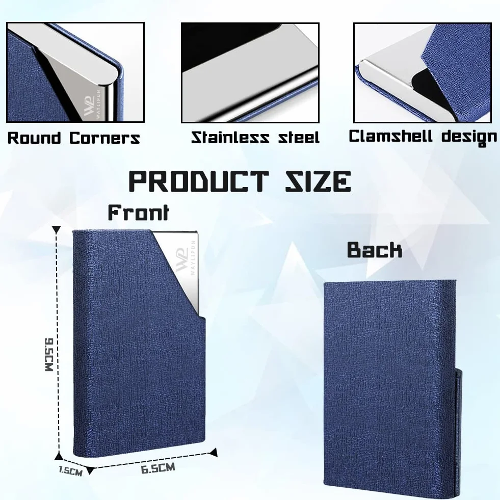 Porta biglietti da visita in pelle PU con fibbia magnetica acciaio inox blu