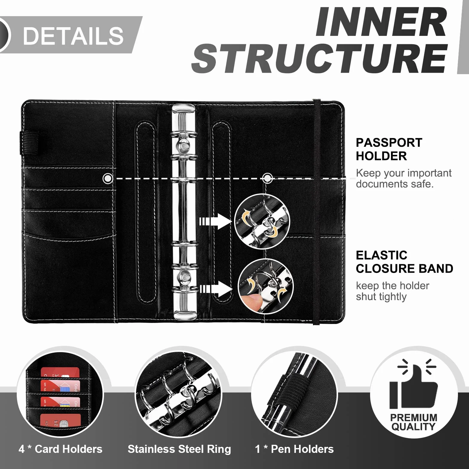 TAOPE Portadocumenti in Pelle PU A6 Binder Budget Set con 12 Sacchetti Trasparenti Cerniera, Nero Girasole
