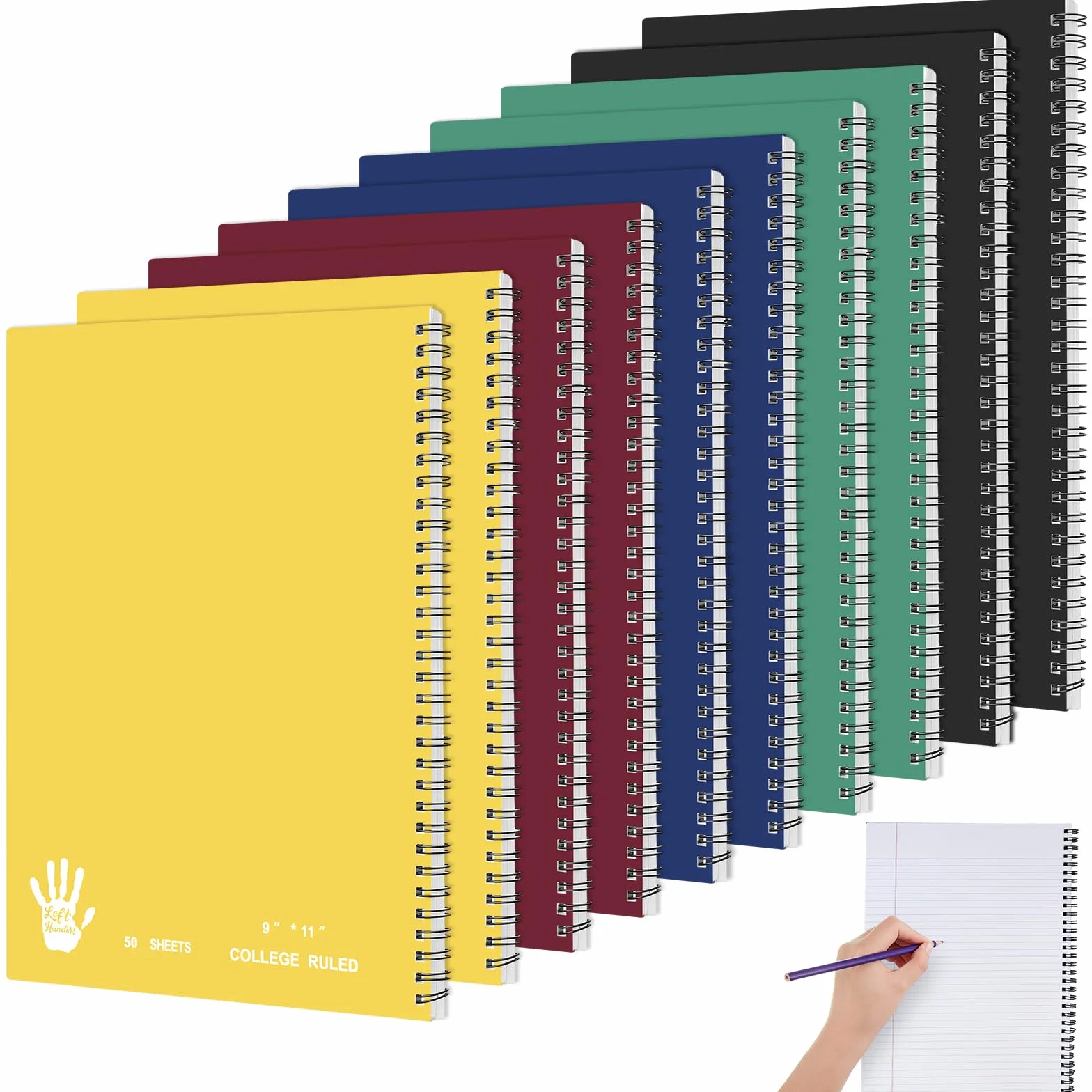 Lewtemi 10 quaderni a spirale per mancini, per mancini, 21,6 x 27,9 cm, 50 fogli, copertina a righe universitarie, colori assortiti (vivace)