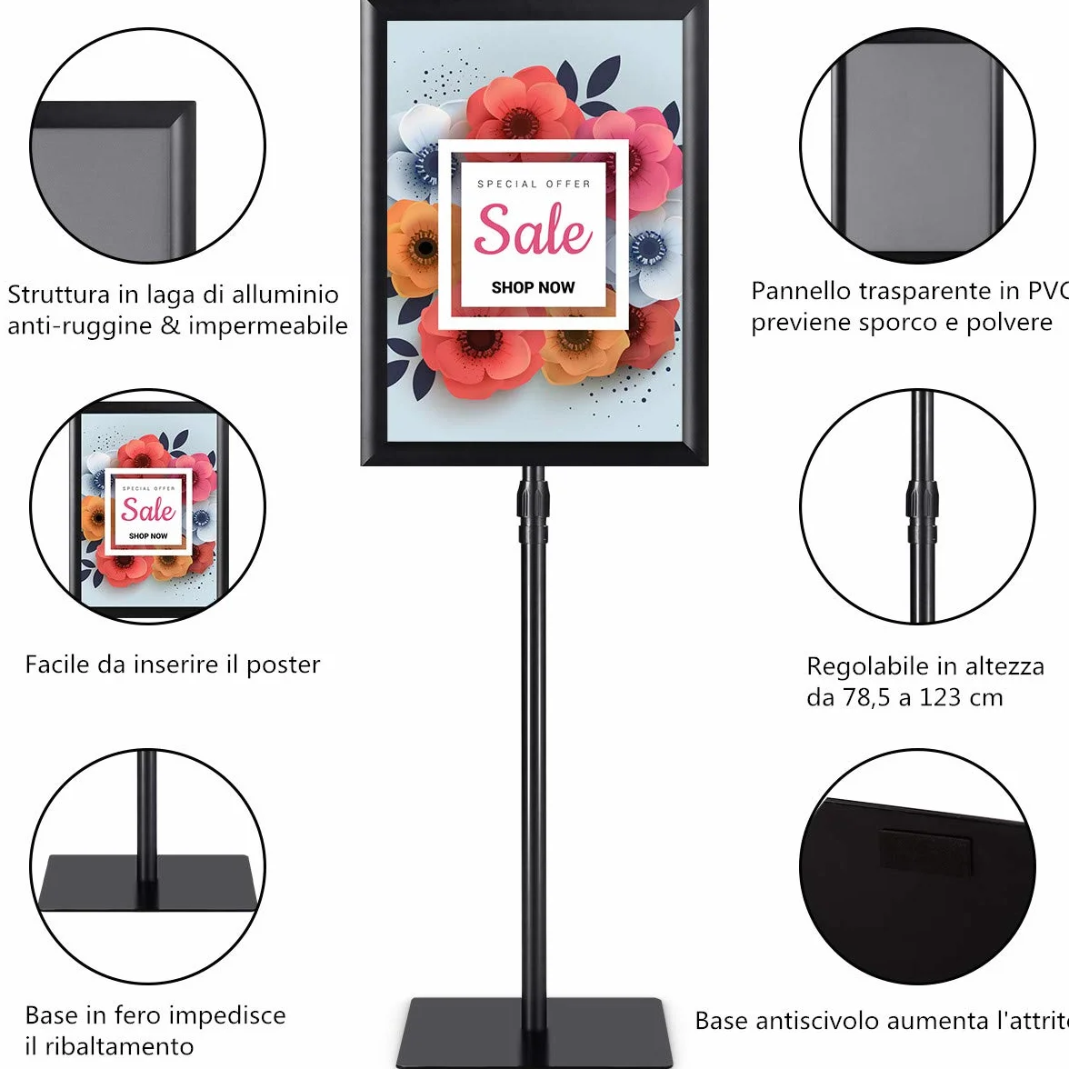 COSTWAY Espositore da Pavimento per Poster A3 Girevole 360° Regolabile in Altezza Nero