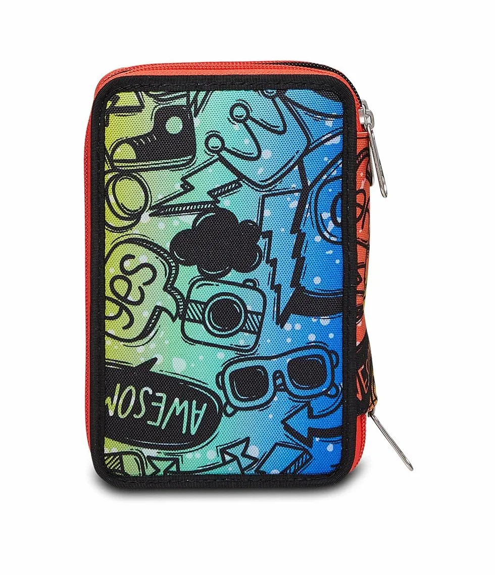 Seven Astuccio Scuola Elementare, 3 scomparti, Medie, con Matite, Pennarelli, Penne, 3 Zip, Fluo Stamp, Bambino e Ragazzo, blu/arancione