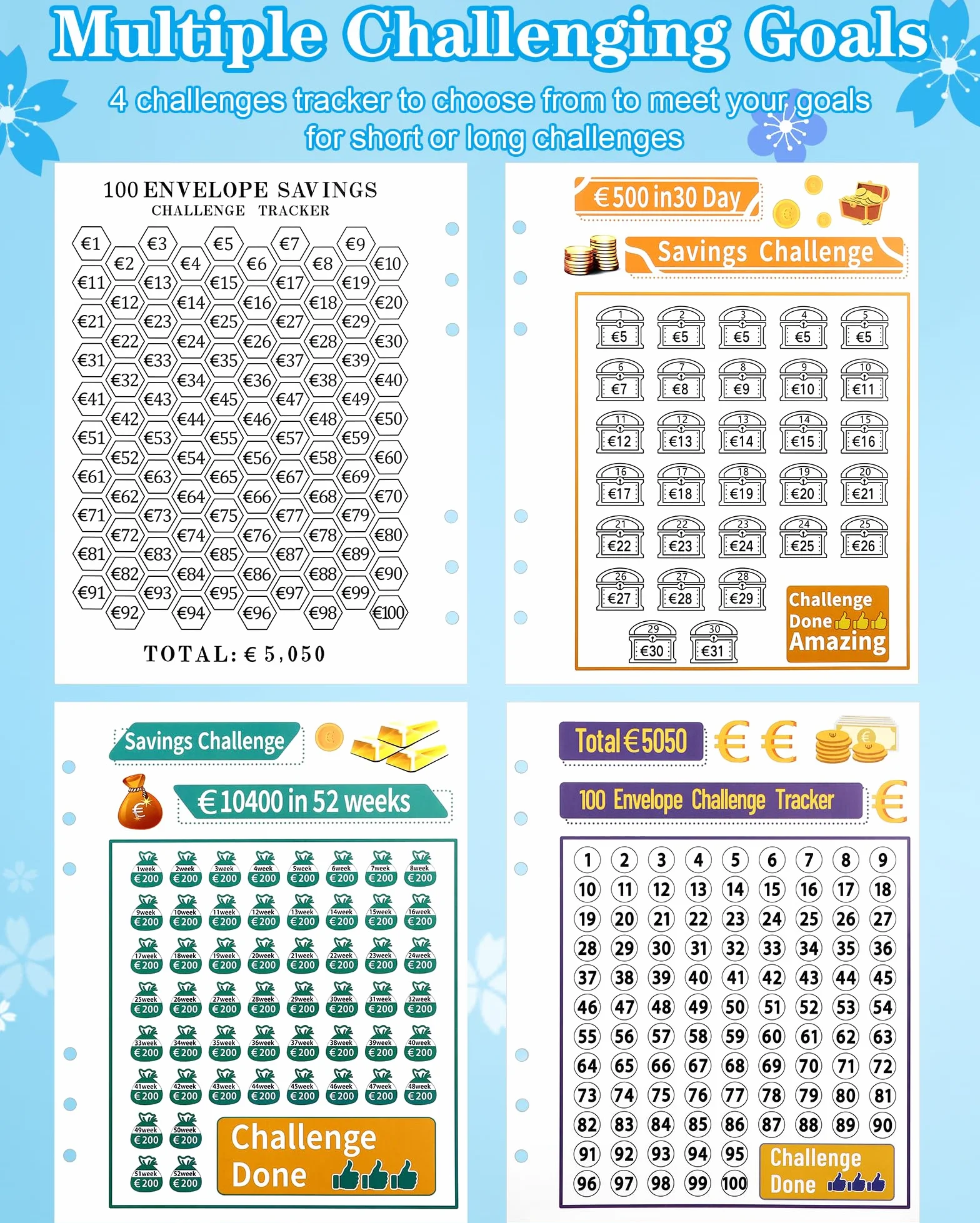 A5 Agenda Risparmio Soldi con Buste Porta Soldi e Tracker Della Sfida, Budget Binder per Risparmia Denaro Challenge - Blu