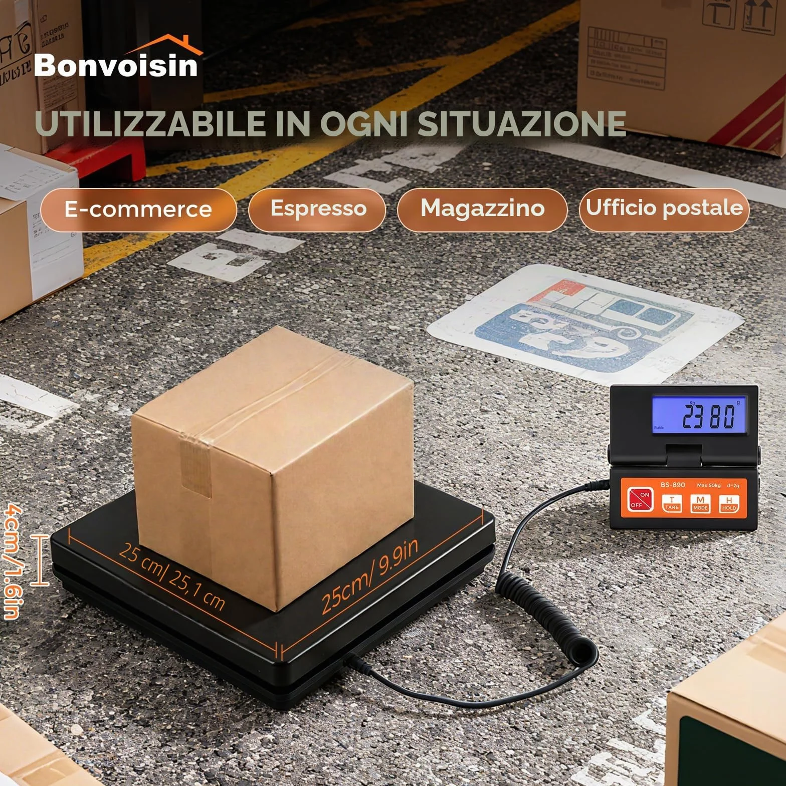 Bonvoisin Bilancia postale digitale 50 kg 110 lb 2 g display LCD separato batterie AAA adattatore UE inclusi g kg oz lb indicatore stabile Hold