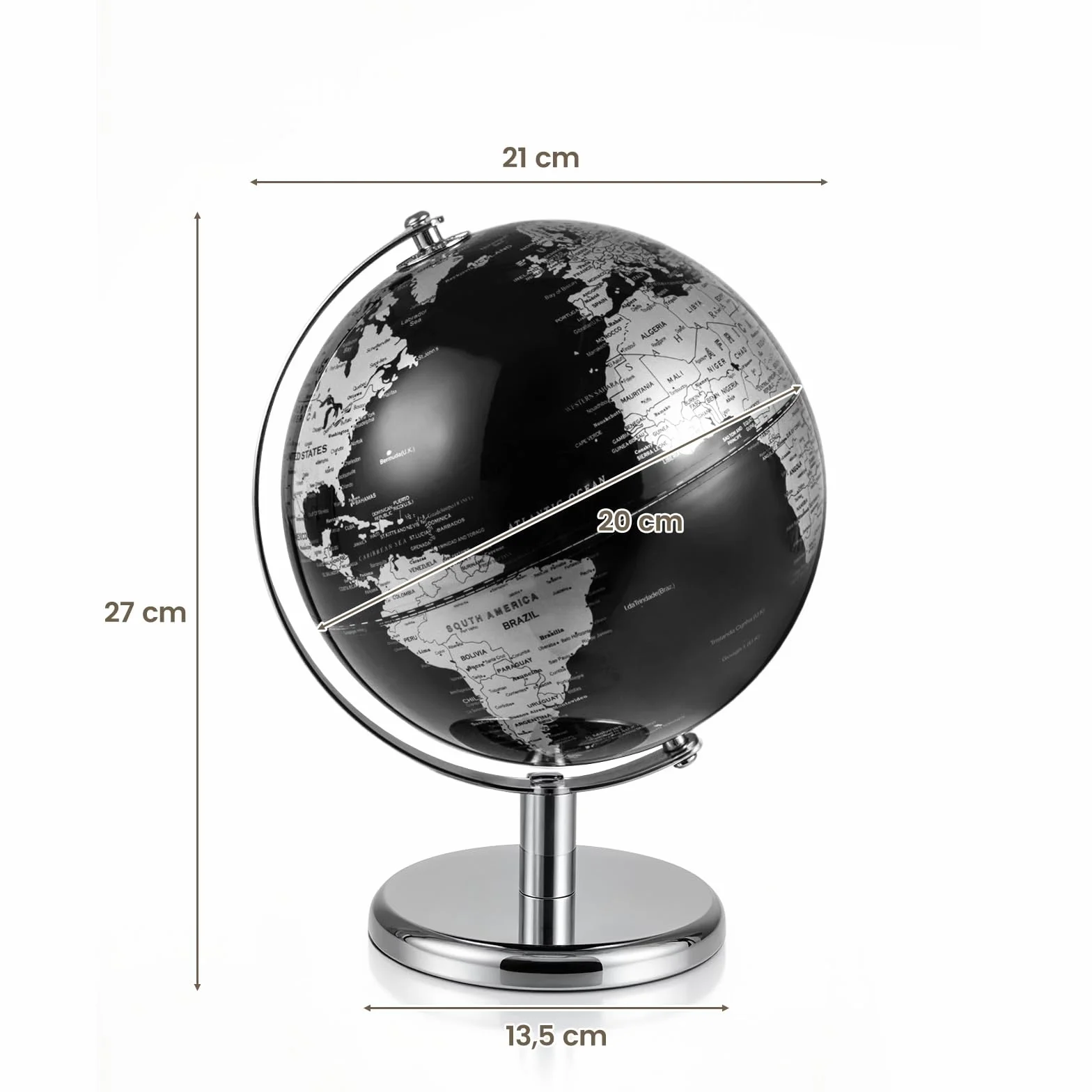 LIFEZEAL Globo antico da 20 cm, con base in metallo argentato, sfera del mondo per studenti e adulti, decorazione per aule, casa, ufficio (argento)