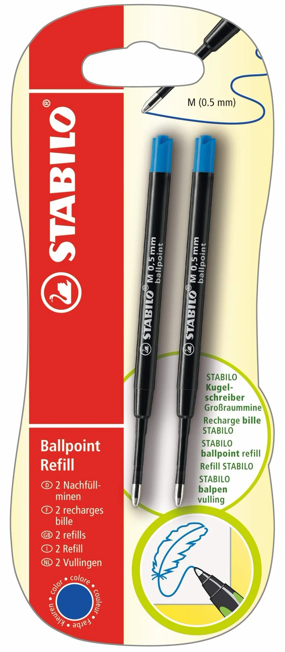 STABILO Refill Cartuccia Penna a Sfera Tratto M 0,5mm Pack da 2 Blu