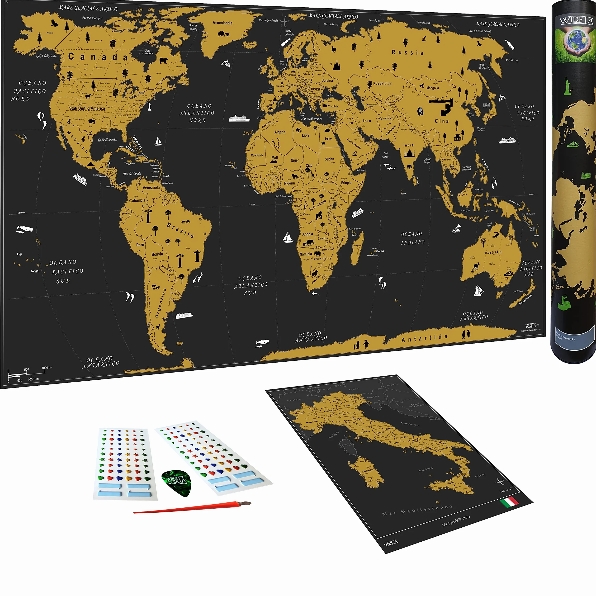 WIDETA Mappa del mondo da grattare XXL 82x43cm Carta patinata 300 g/m² laminata con pellicola protettiva