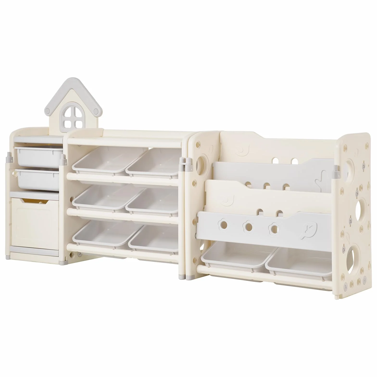 VEVOR Scaffale per Giocattoli in HDPE, Organizzatore per Giocattoli Multifunzionale a 4 Ripiani con 10 Contenitori in Plastica Flessibile, per Camera da Letto e Cameretta dei Bambini, Grigio e Beige