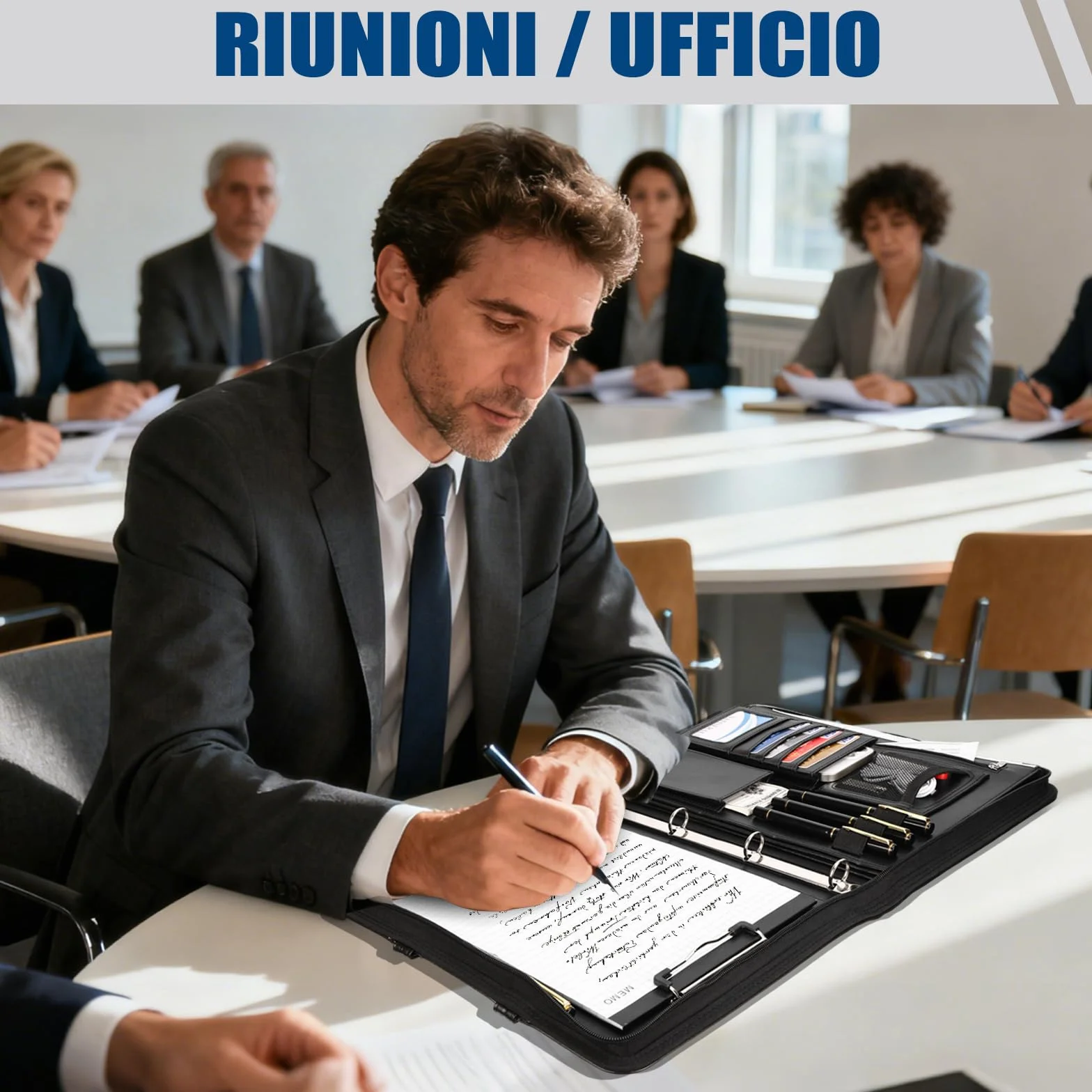 Cartella Portadocumenti A4 con Buste Trasparenti, Raccoglitore ad Anelli 4 con Manico Magnetico e Cerniera in Pelle Vegana