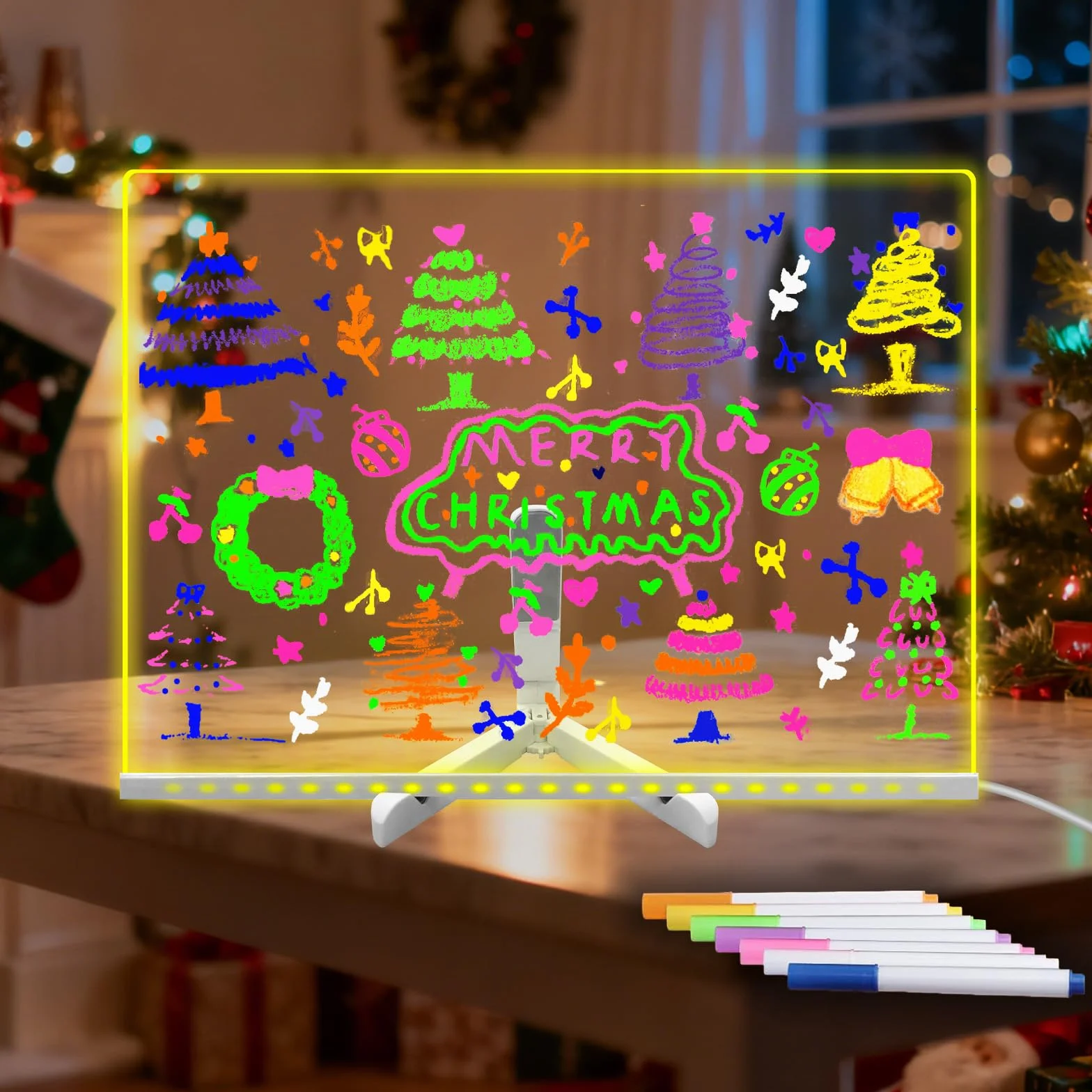 Lavagna cancellabile a secco in acrilico Laysinly con supporto luminoso, lavagna bianca trasparente 30 x 20 CM, scrivania a LED, lavagna a LED con luce calda a LED，7 pennarello colore