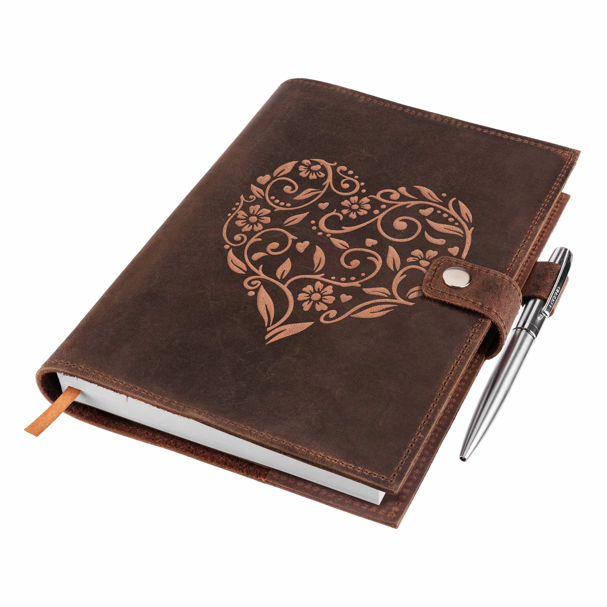 Porta Agenda in Pelle Ricaricabile con Quaderno a Righe - Diario Personale con Cuore in Rilievo - Diario in Pelle Vera Lavorata a Mano con Portapenna - Con Carta a Righe A5 ed Elegante Penna Inclusa