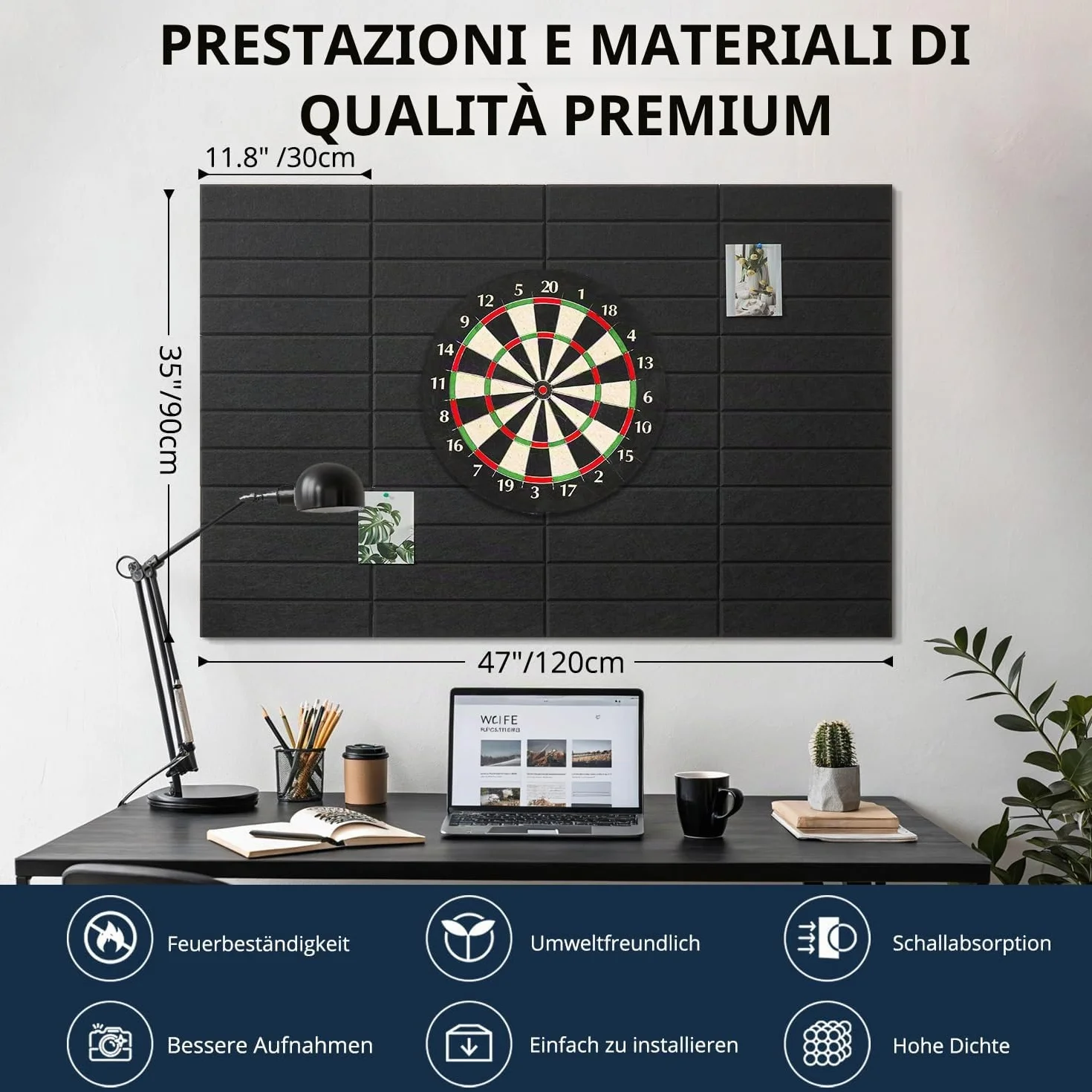 Bacheca in Sughero 120x90 cm, 12 Pezzi con 60 Cuscinetti Adesivi Biadesivi, Bacheca da Parete Memoboard per Casa, Scuola, Ufficio, Camera dei Bambini (Nero)