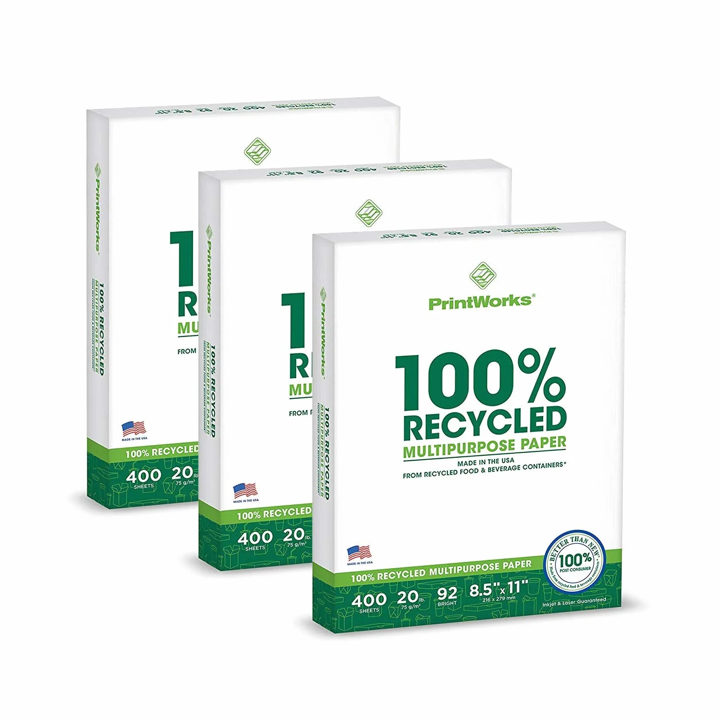 Printworks - Carta multiuso 100% riciclata 3 Reams: 1200 Sheets bianco