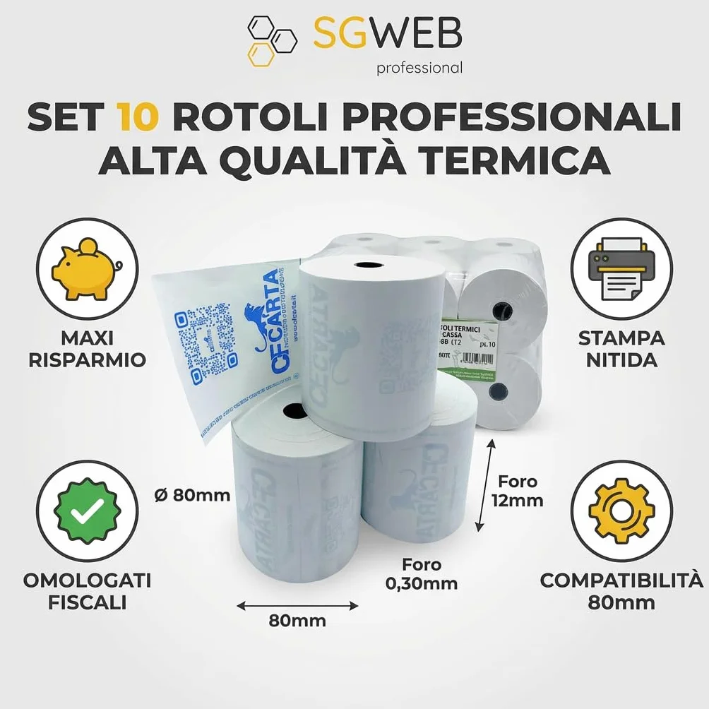 Rotoli Carta Termica 80x80 per Registratore di Cassa Fiscale 10-Pack - Rotolo Scontrini Stampante Termica POS, Foro 12 mm, Senza BPA