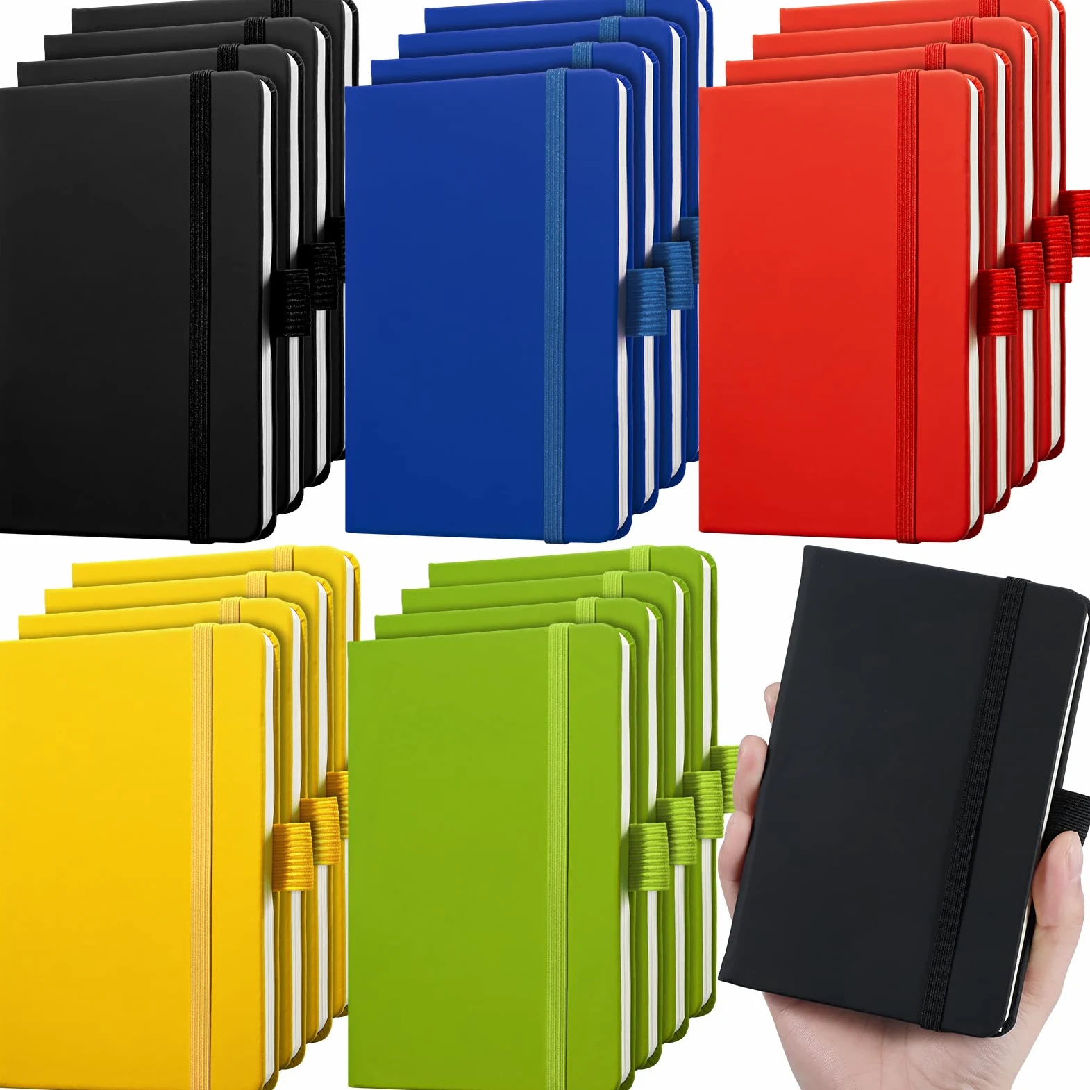 Confezione da 20 quaderni tascabili da 9,5 x 12,5 cm, a righe, formato A6, mini taccuino con portapenne con tasca rigida (nero, blu, verde, rosso, giallo)