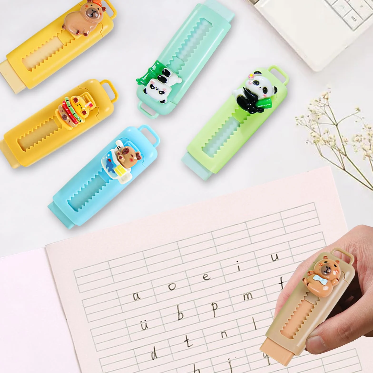 Kawaii Gomme da Cancellare Retrattili Bambini 16 Pezzi, Gomma Capybara & Panda, Regalini Festa Compleanno Scuola 4-10 Anni