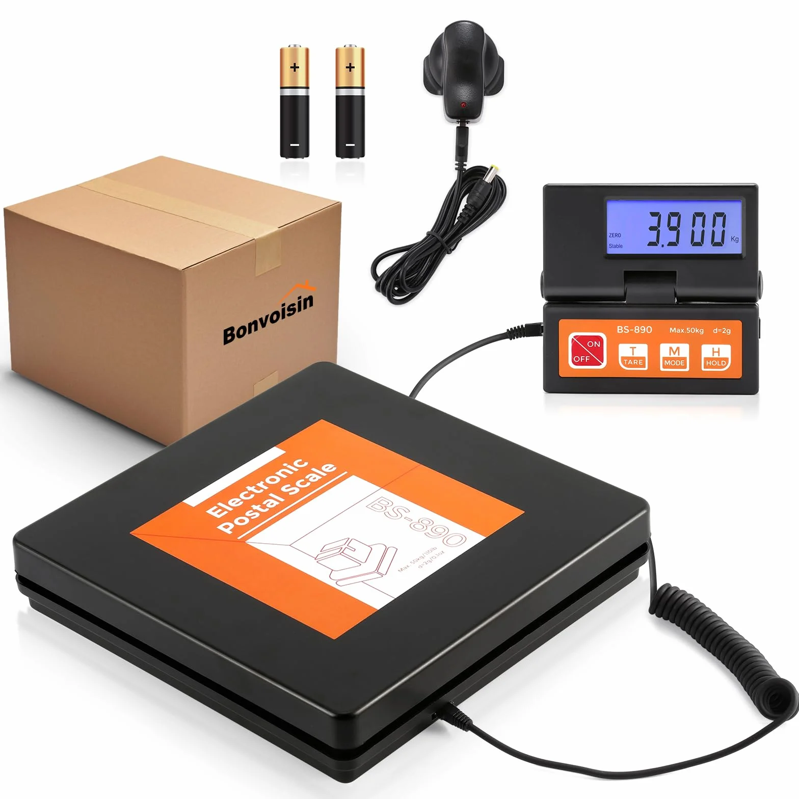 Bonvoisin Bilancia postale digitale 50 kg 110 lb 2 g display LCD separato batterie AAA adattatore UE inclusi g kg oz lb indicatore stabile Hold