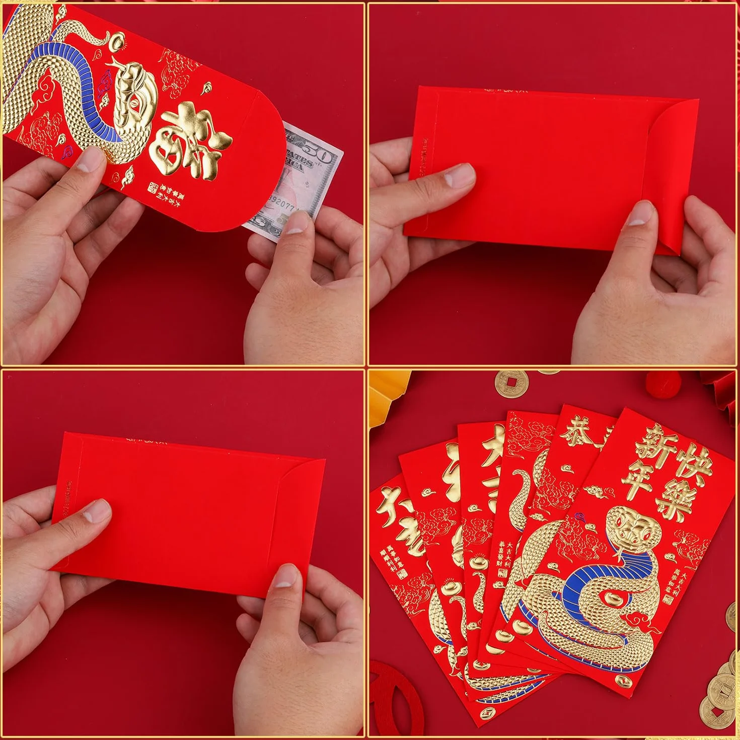 Buste Rosse per Capodanno Cinese 2025 con 50 Monete Feng Shui 16,8x9cm Hong Bao Serpente 6 Motivi Rilievo Dorati