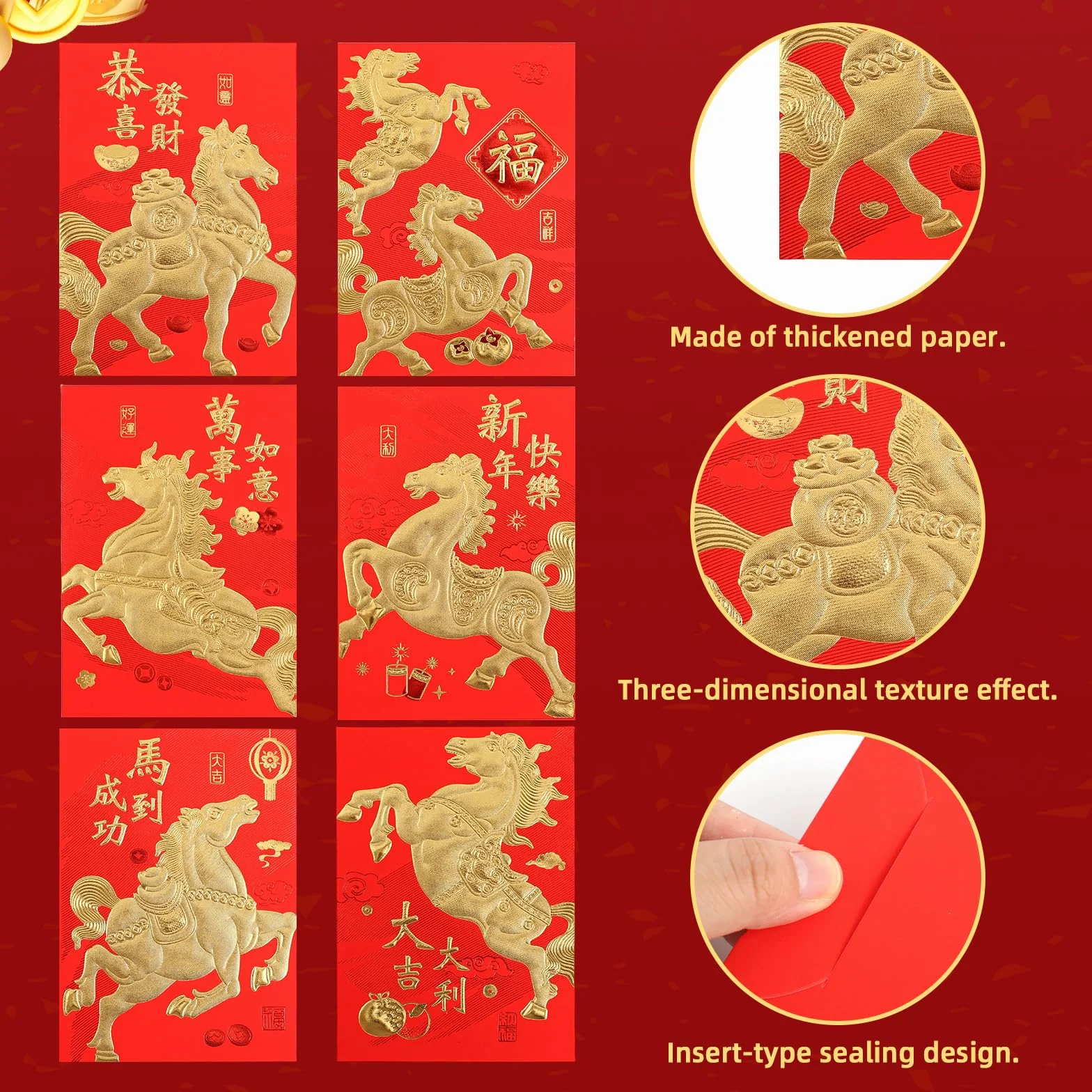 Buste Rosse per Capodanno Cinese 2026 Feng Shui 11,5x8cm 36pz con 50pz Monete Cinesi (6 Stili)