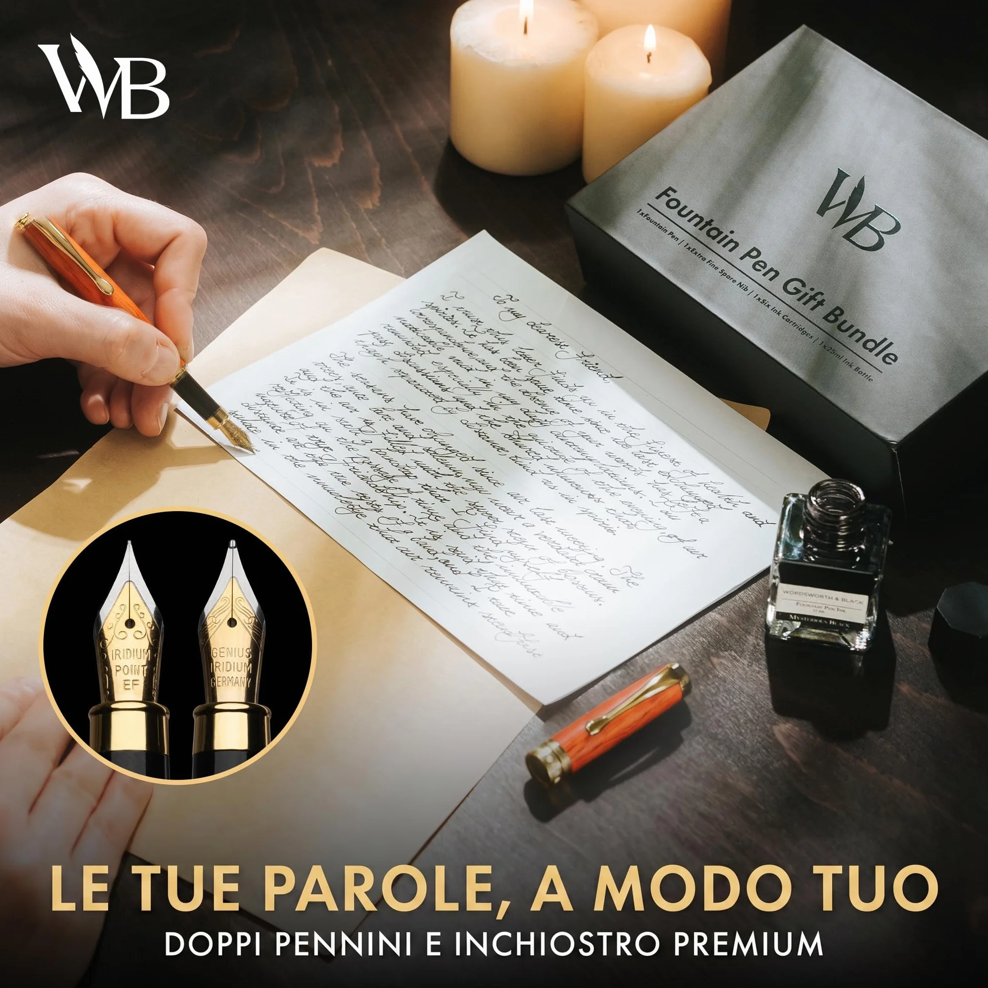 Wordsworth & Black's Set di Penne Stilografiche Lusso Legno di Bambù Pennino Medio Pennino Extra Fine Custodia Regalo Boccetta di Inchiostro Nero da 25ML 6 Cartucce di Inchiostro [Legno di Ciliegio]