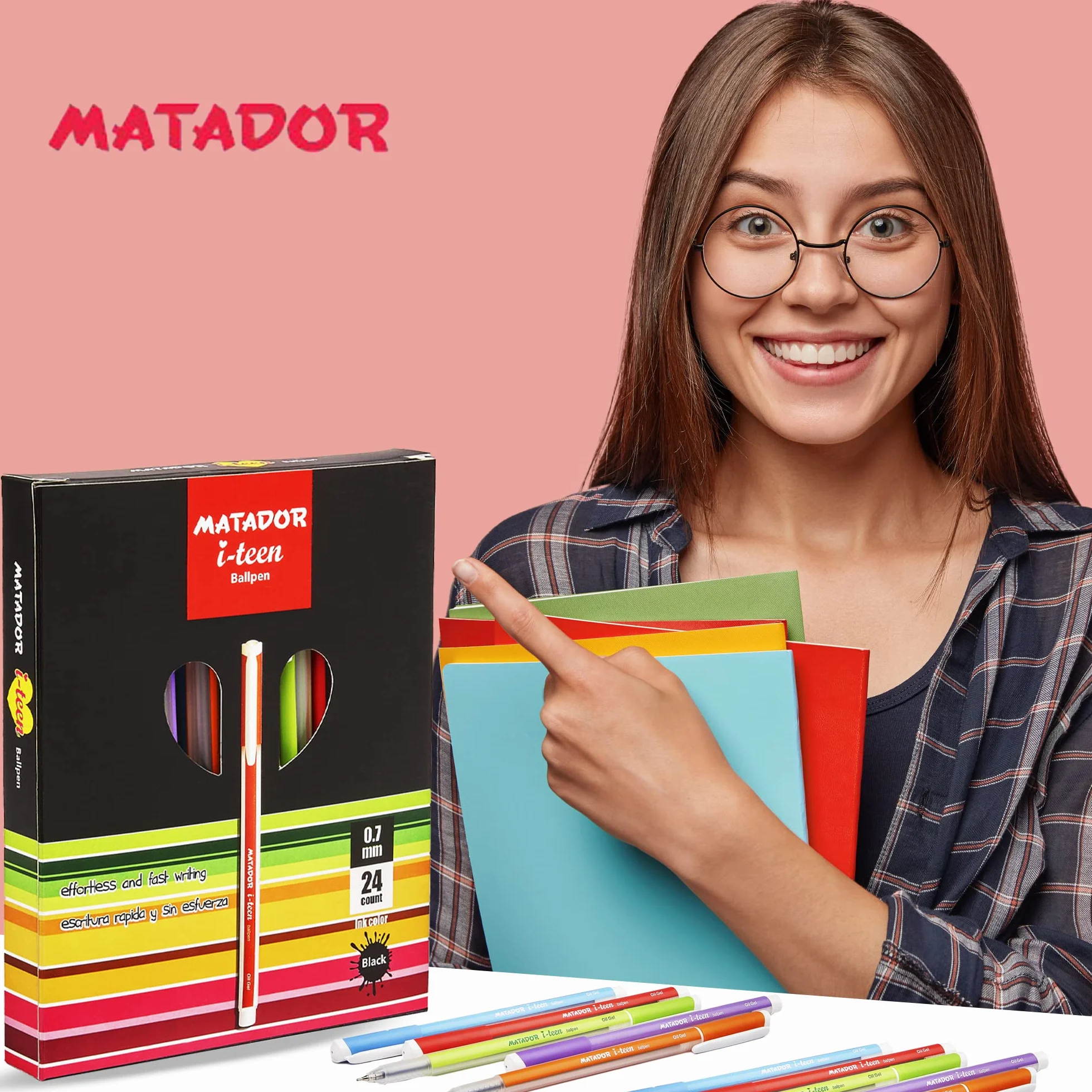 Matador i-teen - Penna a sfera a punta fine (0,7 mm), inchiostro nero, design elegante e accattivante, offre linee forti e vivaci, 24 conti.