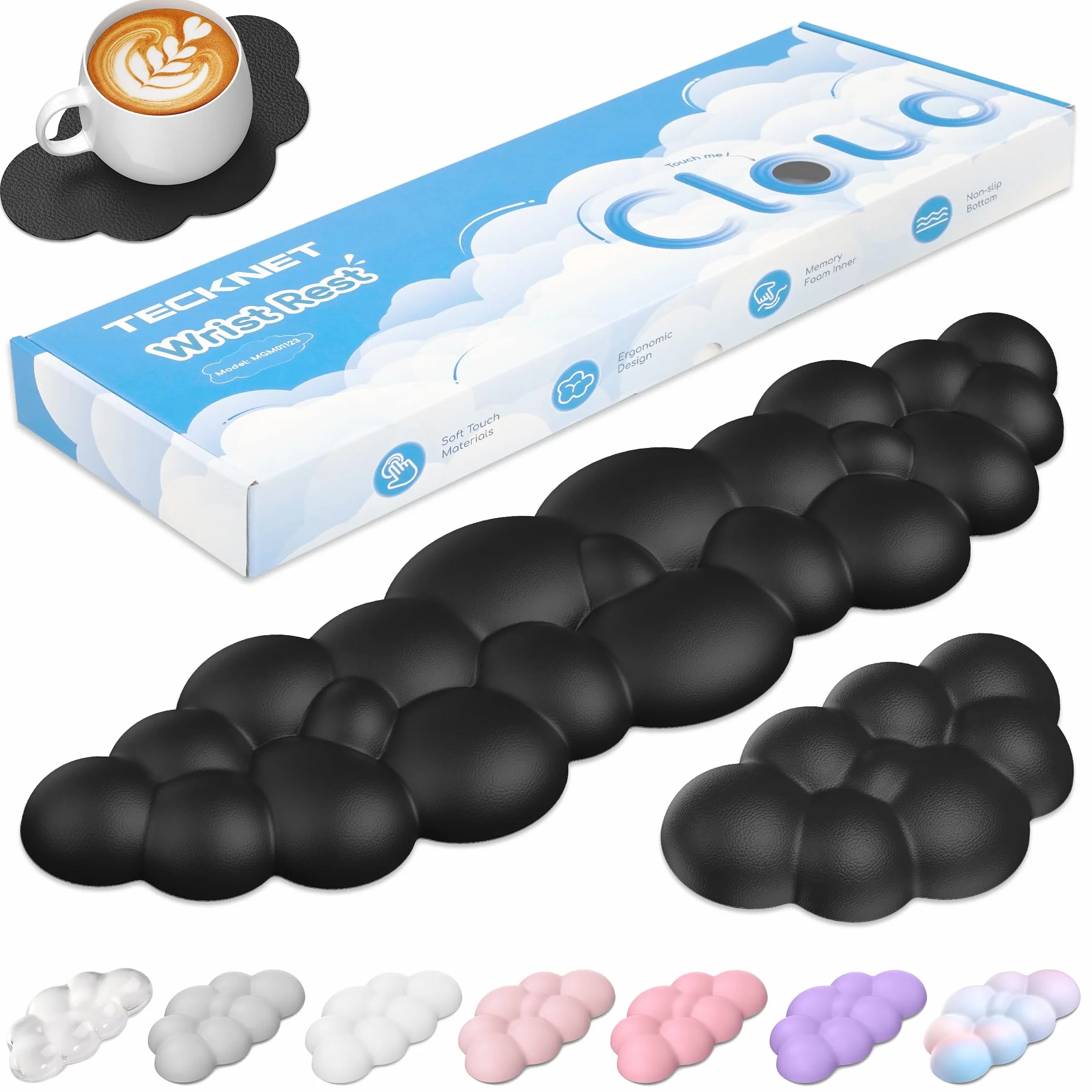 TECKNET Wolke - Poggiapolsi ergonomico in memory foam in pelle sintetica | Set di poggiapolsi 3 in 1, allevia l'affaticamento dei polsi, adatto per ufficio, PC e giochi, colore nero