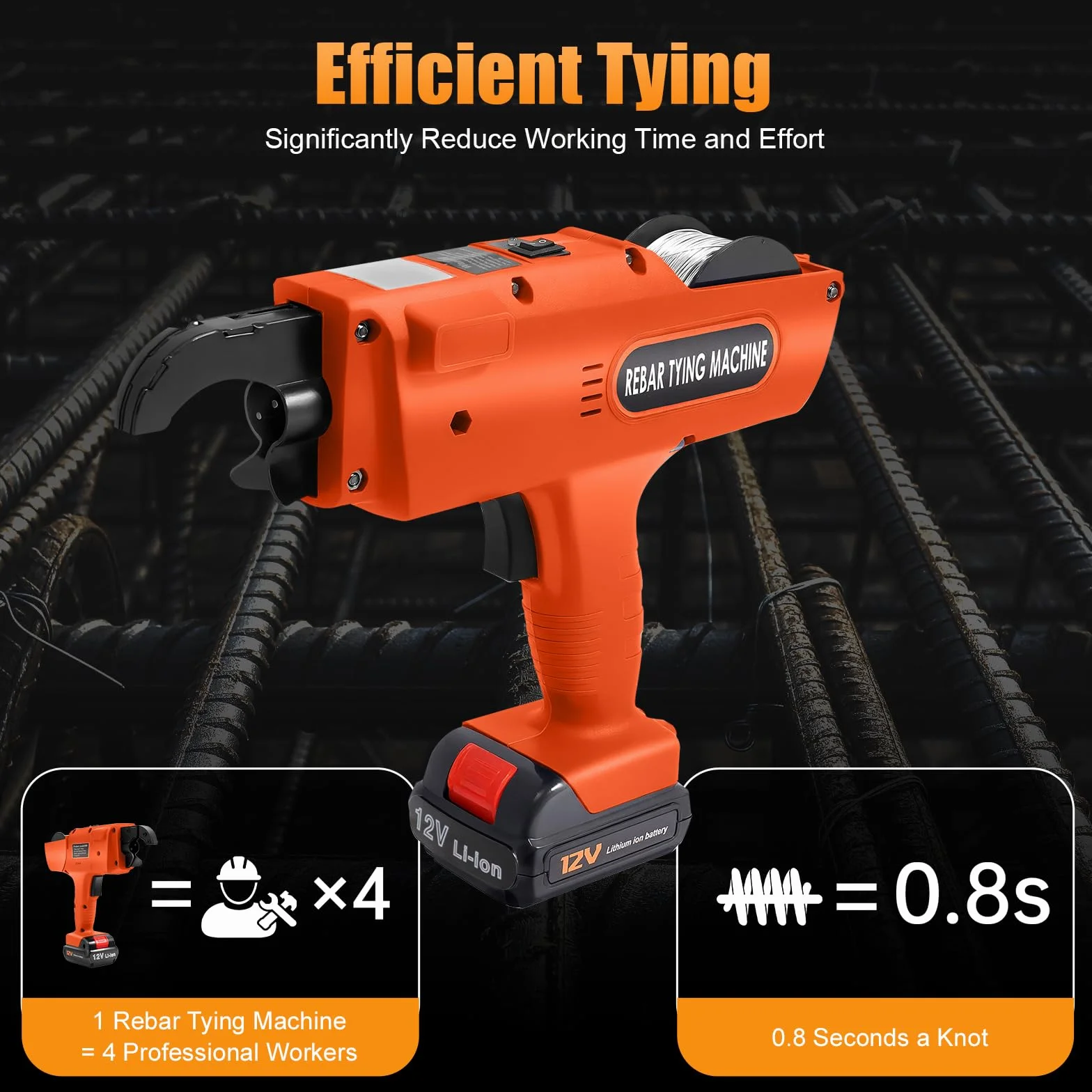 Legatrice metallica, fasciatrice di armatura automatica, senza fili, 2 batterie da 12 V (4500 mAh), connettore di rinforzo per asta da 8 a 34 mm, arancione