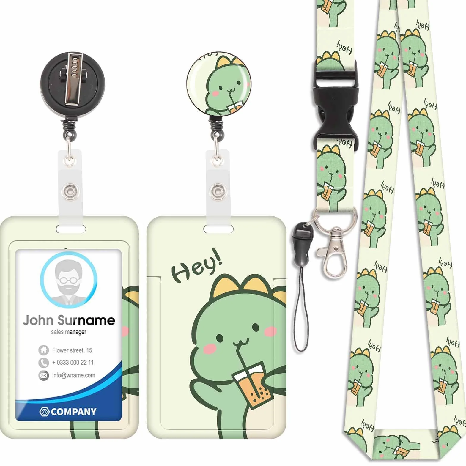 Porta badge con cordino girocollo retrattile staccabile, moschettone Swivel Lobster Clasp, per identificazione (Dinosaure-4)