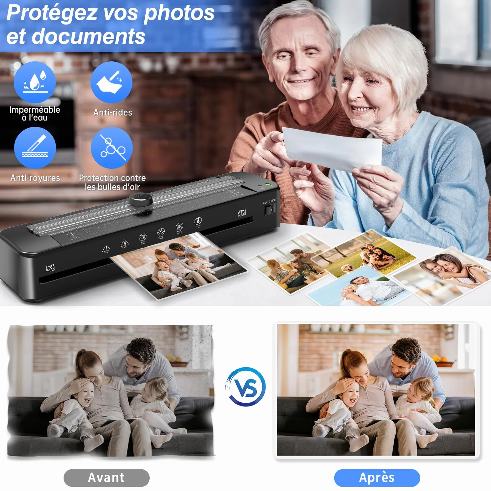 Plastificatrice A3 con sistema ABS anti-inceppamento con 30 fogli per A3 A4 A5 A6 - Versatile plastificatrice a freddo per ufficio, casa e scuola