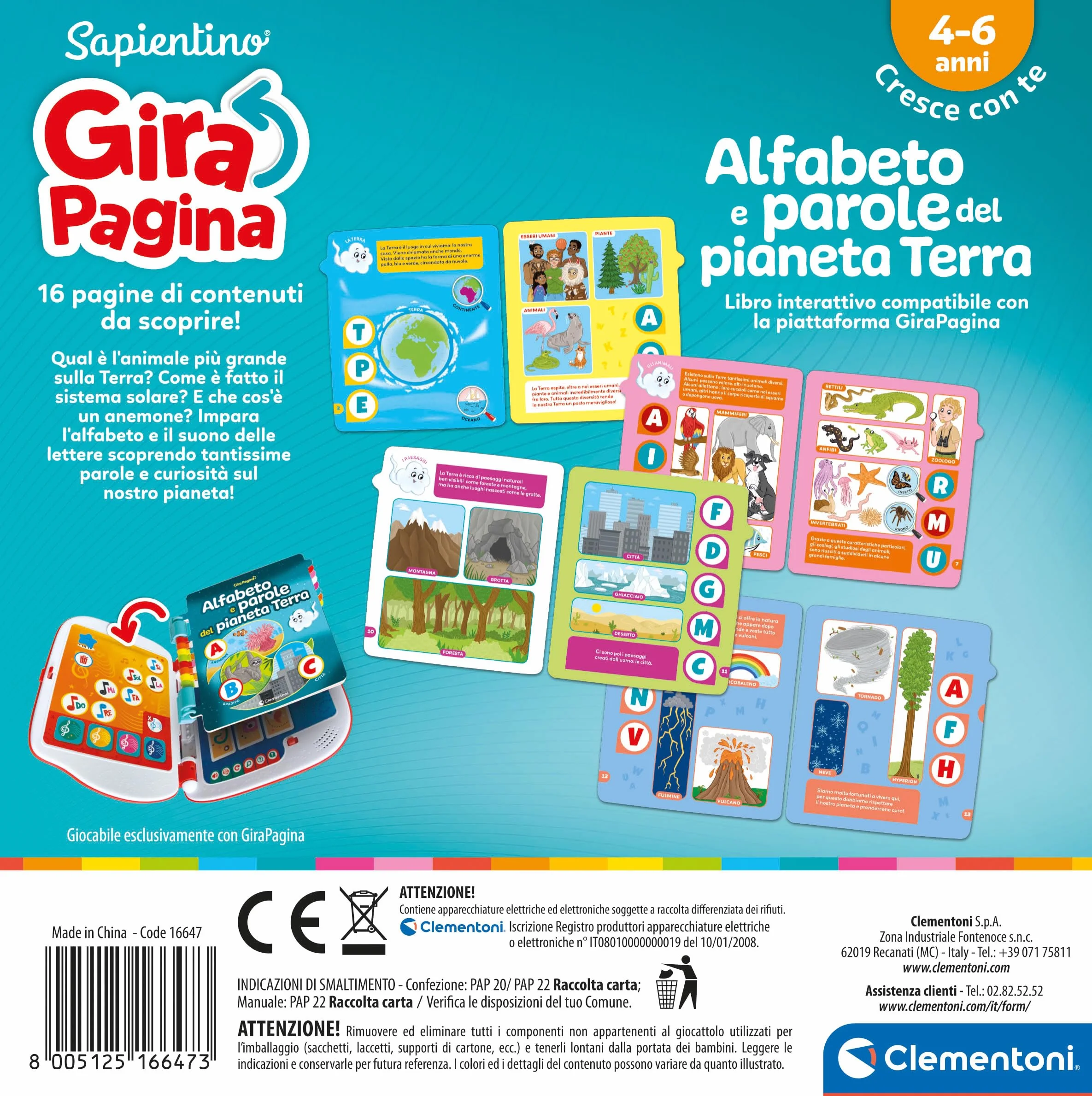 Clementoni Sapientino Girapagina L'Alfabeto del Pianeta Terra Libro Educativo Interattivo per Bambini 4 Anni