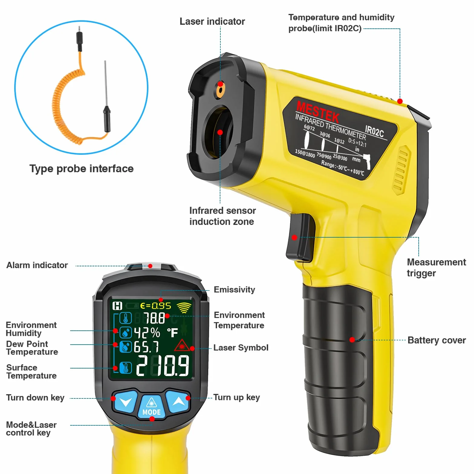 MESTEK Termometro a Infrarossi Digitale Laser -50°C～800°C con K-Sonda Schermo LCD a Colori