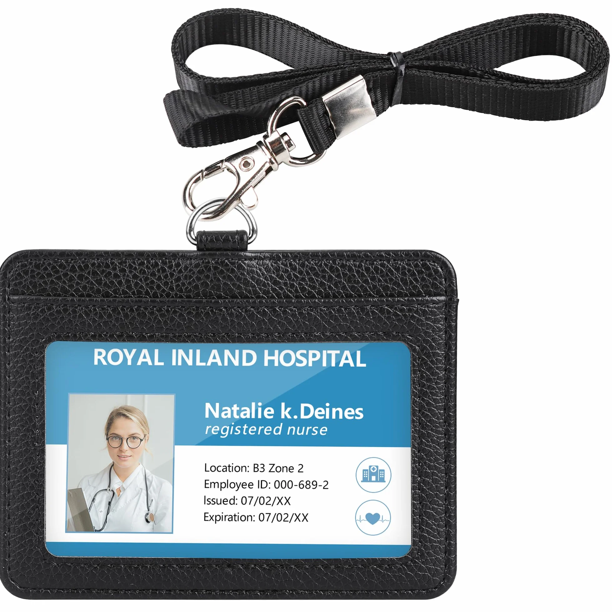 Teskyer Porta Badge da Collo 2 Slot Carte in Pelle Martellata Nero