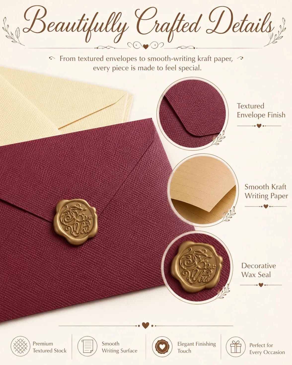 Set Carta da Lettere Vintage 32 Pezzi: 6 Buste & 20 Fogli A5 Kraft Rigati, 6 Sigilli Ceralacca per Inviti Matrimonio